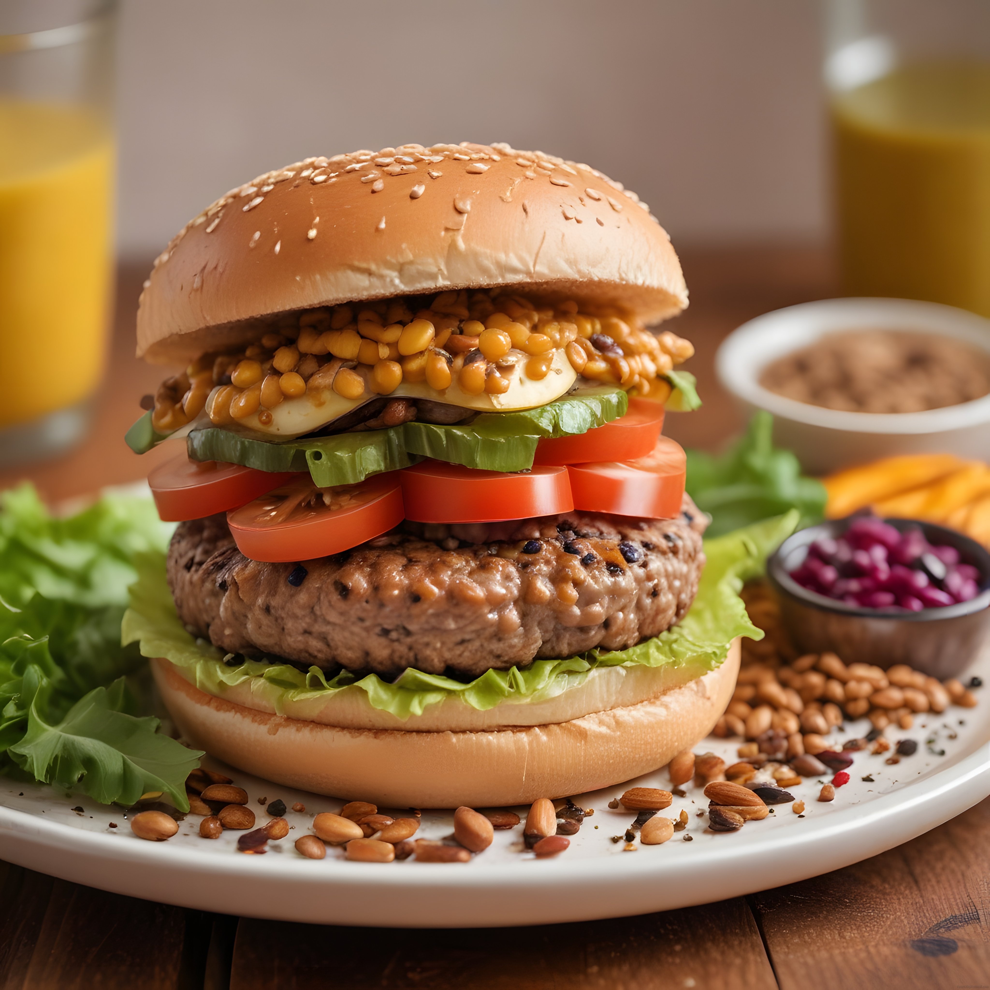 Kuruyemiş ve Taze Sebzelerle Süslenmiş Dolgun Gurme Hamburger Sunumu