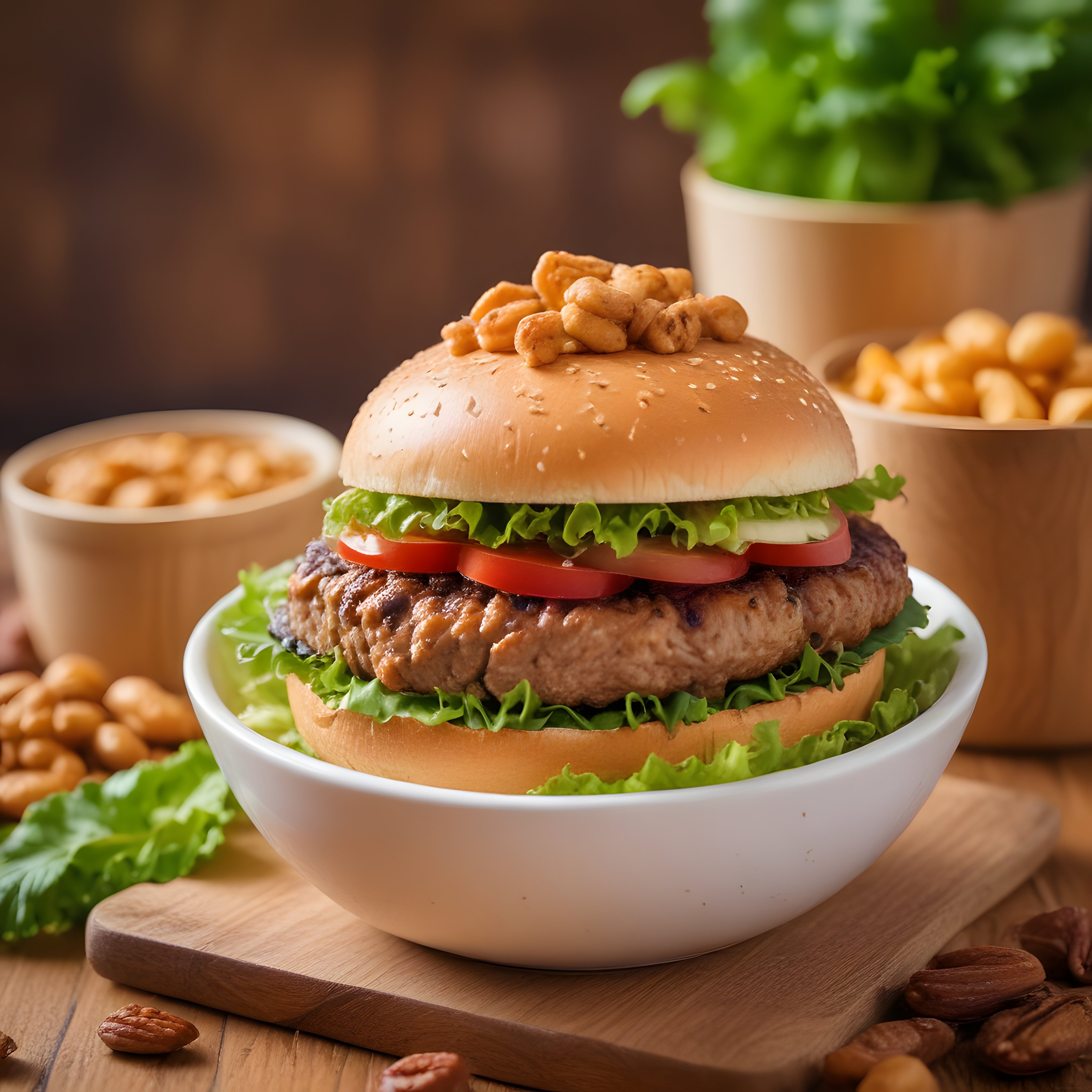 Kuruyemişlerle süslenmiş nefis hamburger, taze sebzeler ve ahşap sunum detayları
