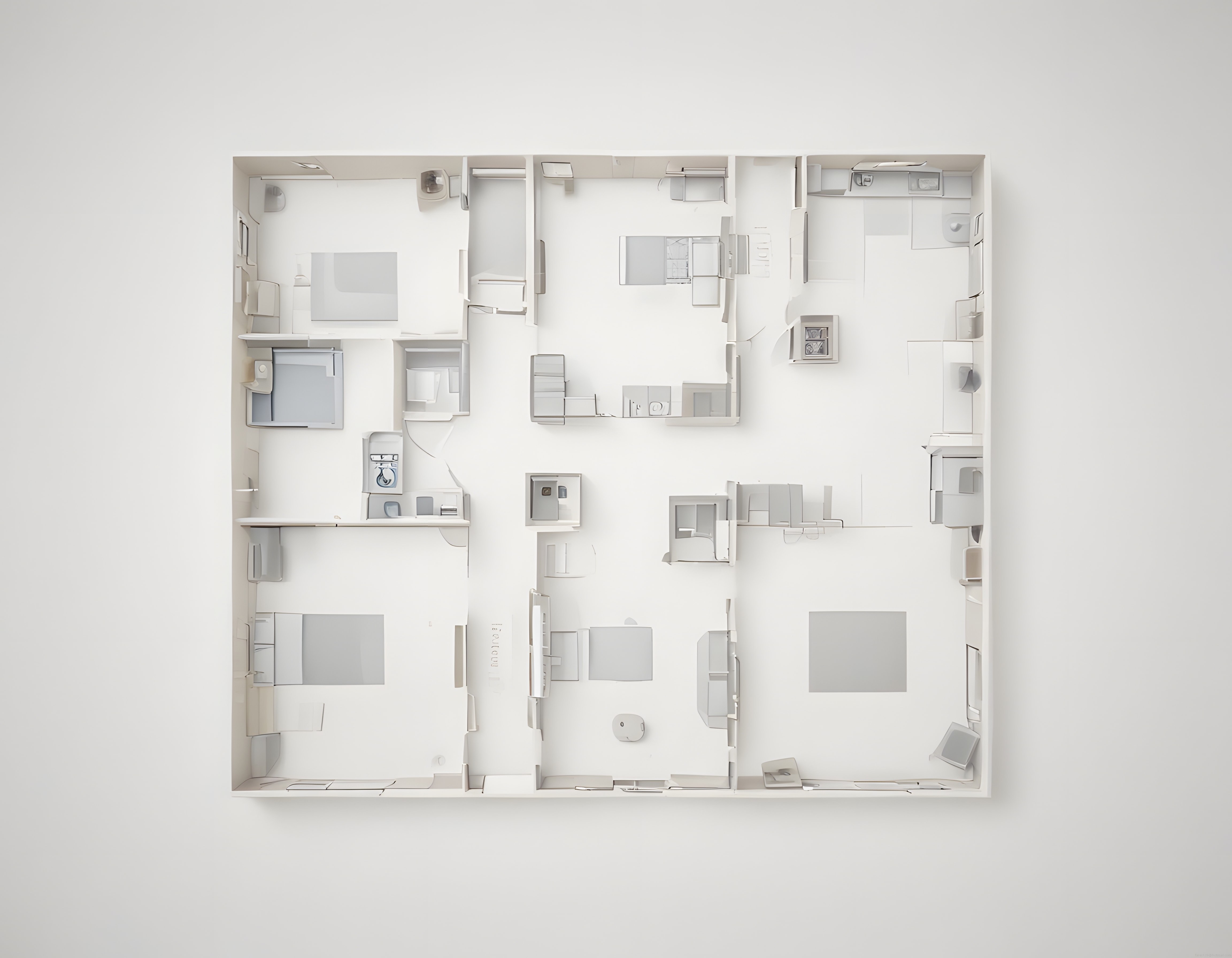 Kuş bakışı minimalist beyaz daire maketi ve iç mimari kat planı render