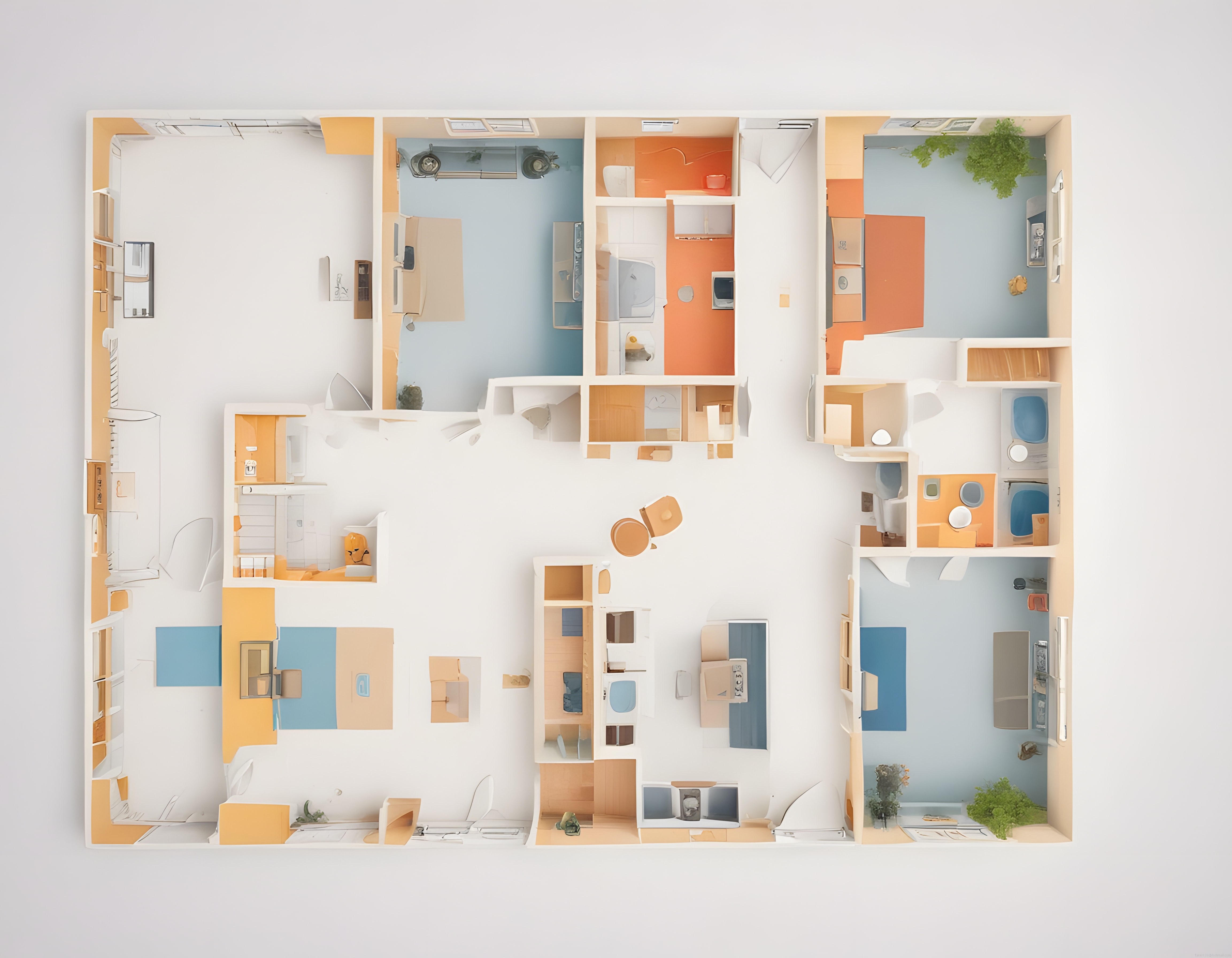 Kuş Bakışı Modern Daire Kat Planı: Pastel Tonlarda 3D Mimari Model