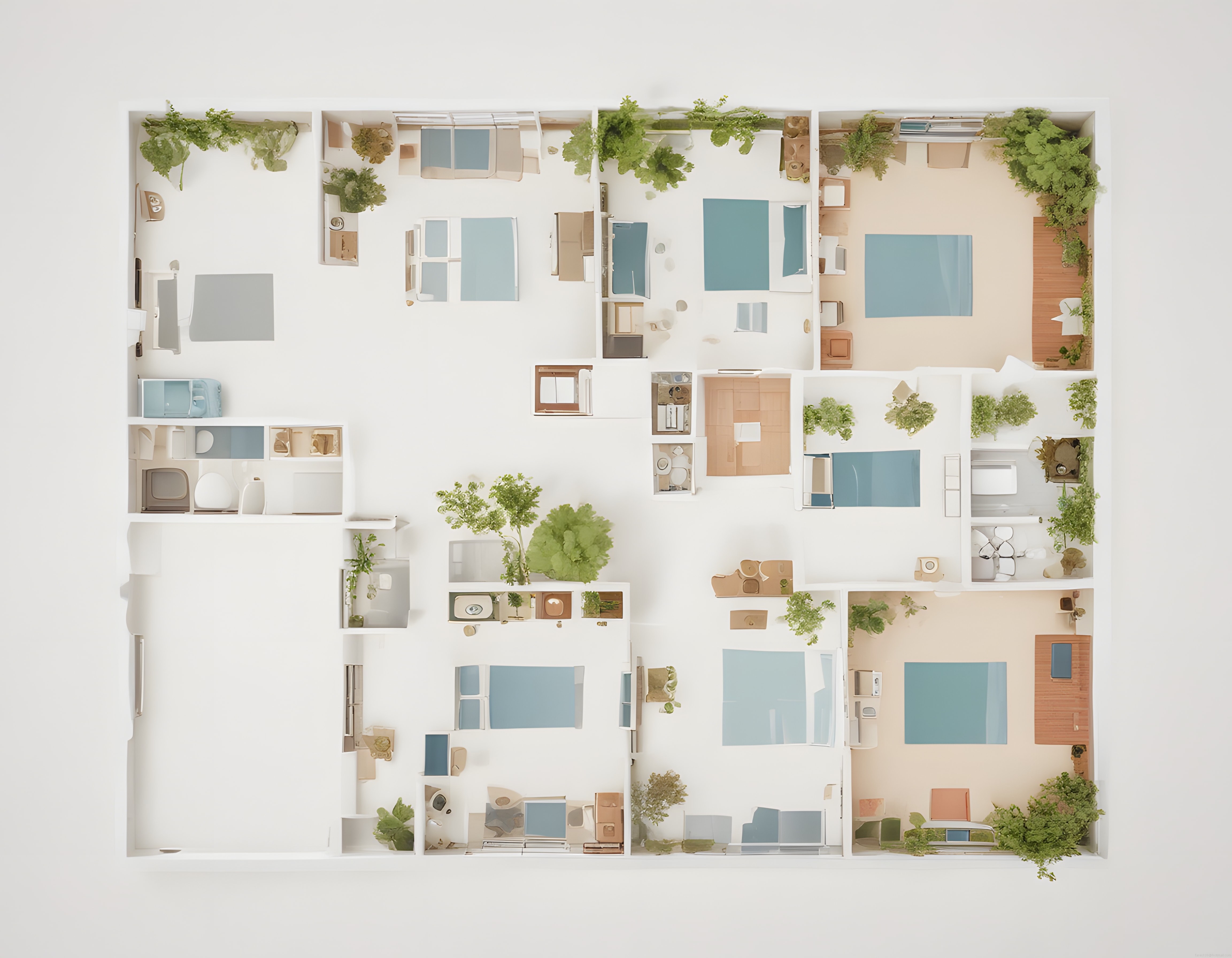 Kuş Bakışı Modern Daire Planı: Yeşil İç Avlulu ve Havuzlu Minimalist Konut