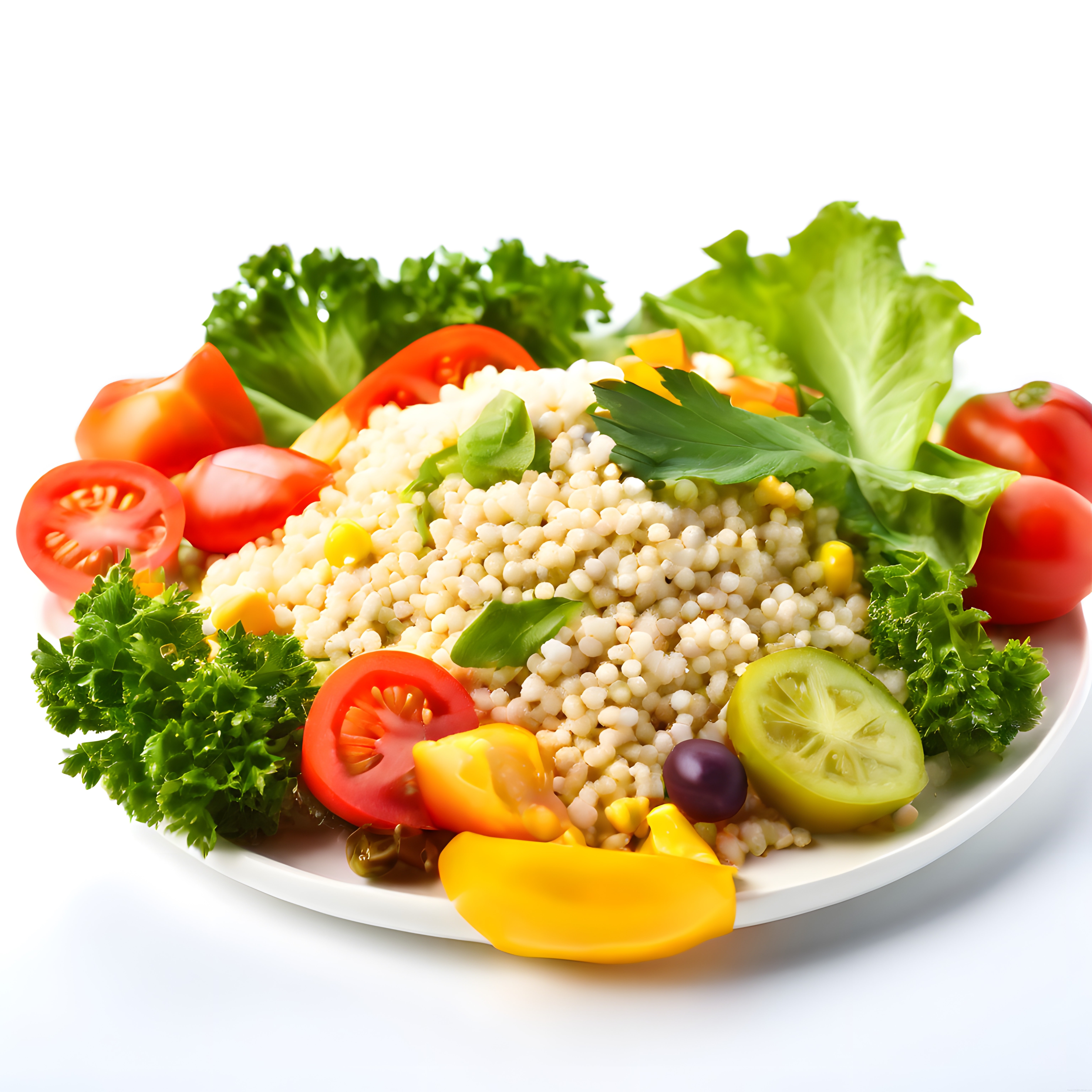 Kuskus sebzeler ve yeşilliklerle hazırlanmış taze sağlıklı salata tabağı