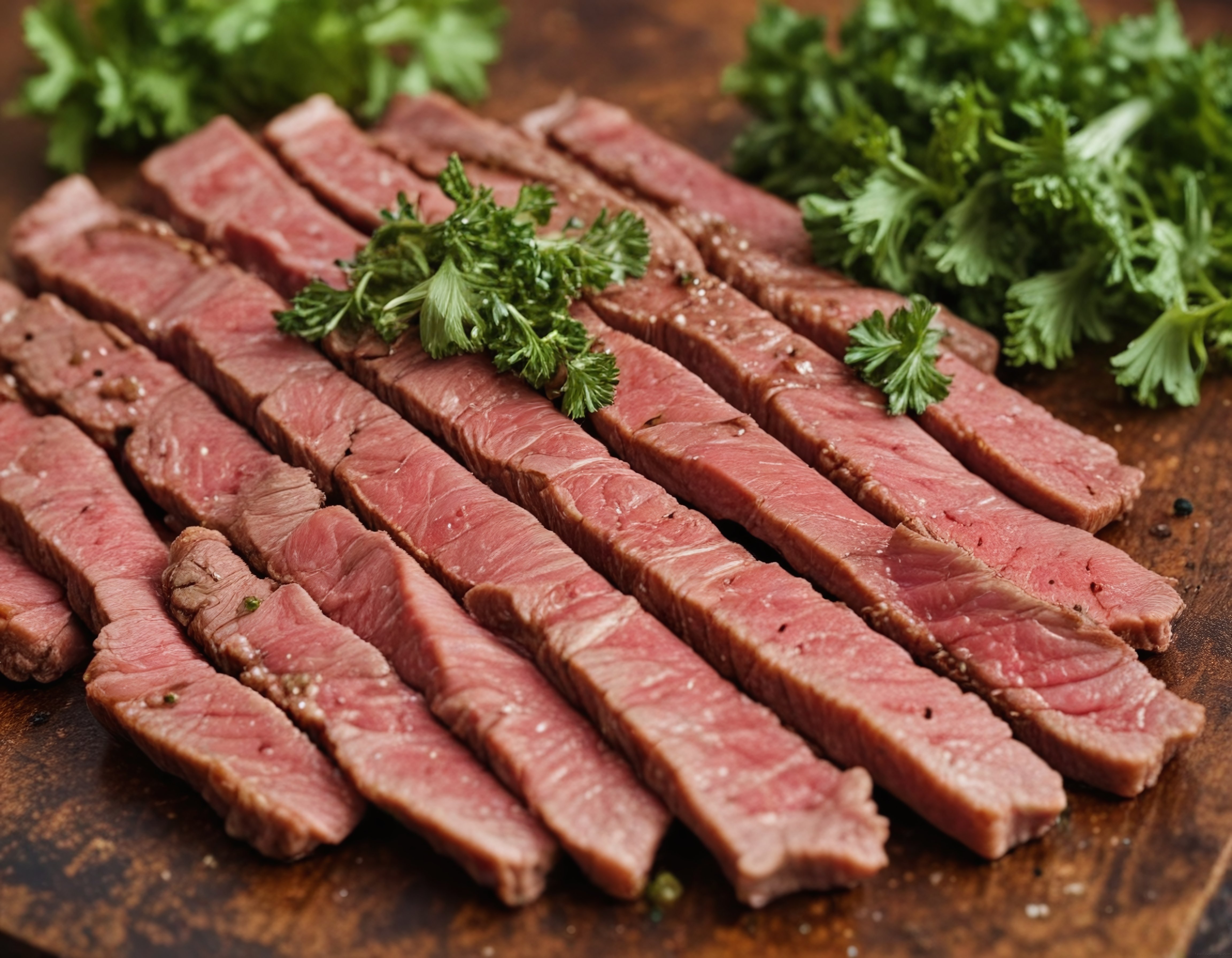 Kusursuz Pişmiş Biftek Dilimleri: Taze Otlarla Süslenmiş Gourmet Et Sunumu