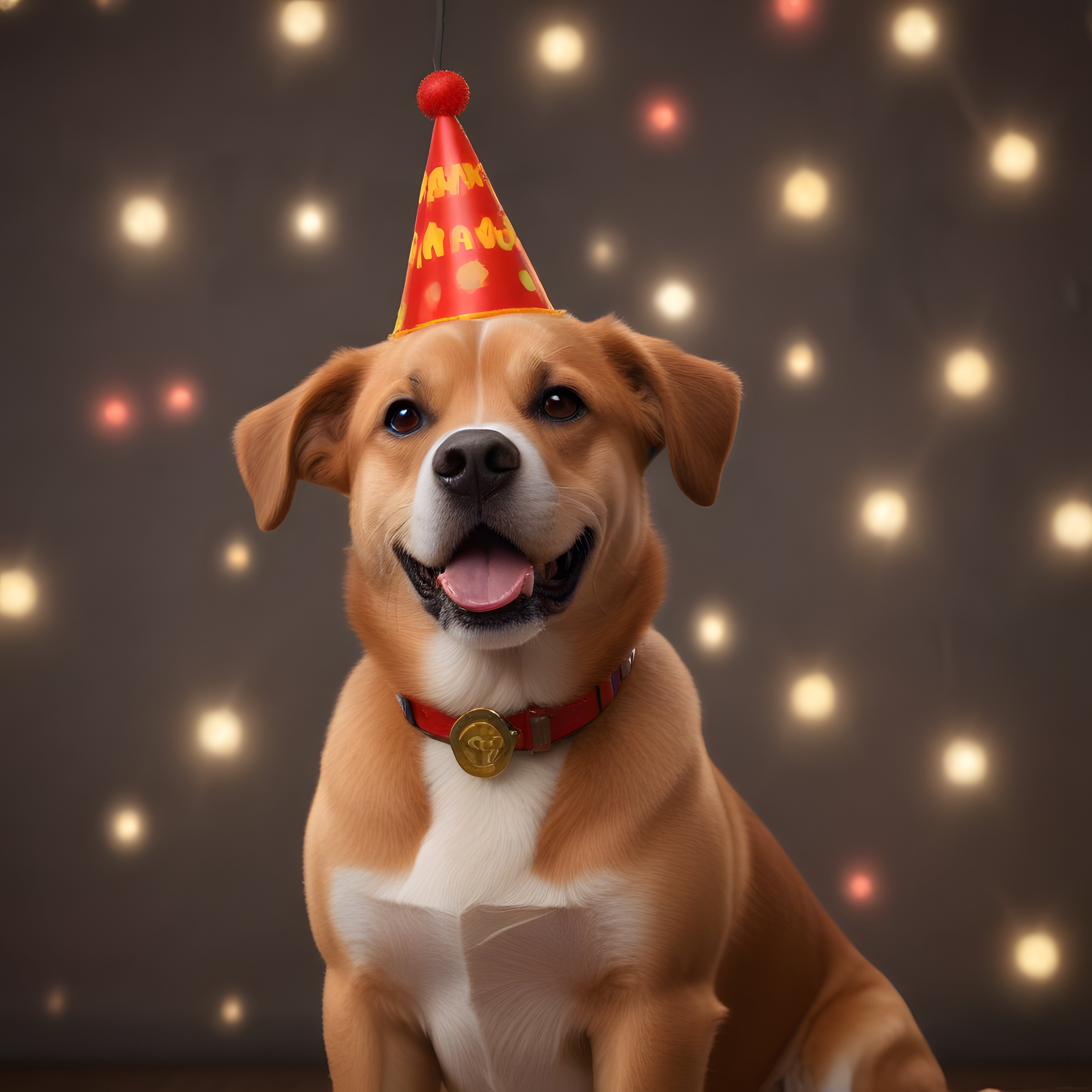 Kutlama şapkası giyen sevimli köpek portresi, bokeh ışıklı parti atmosferi