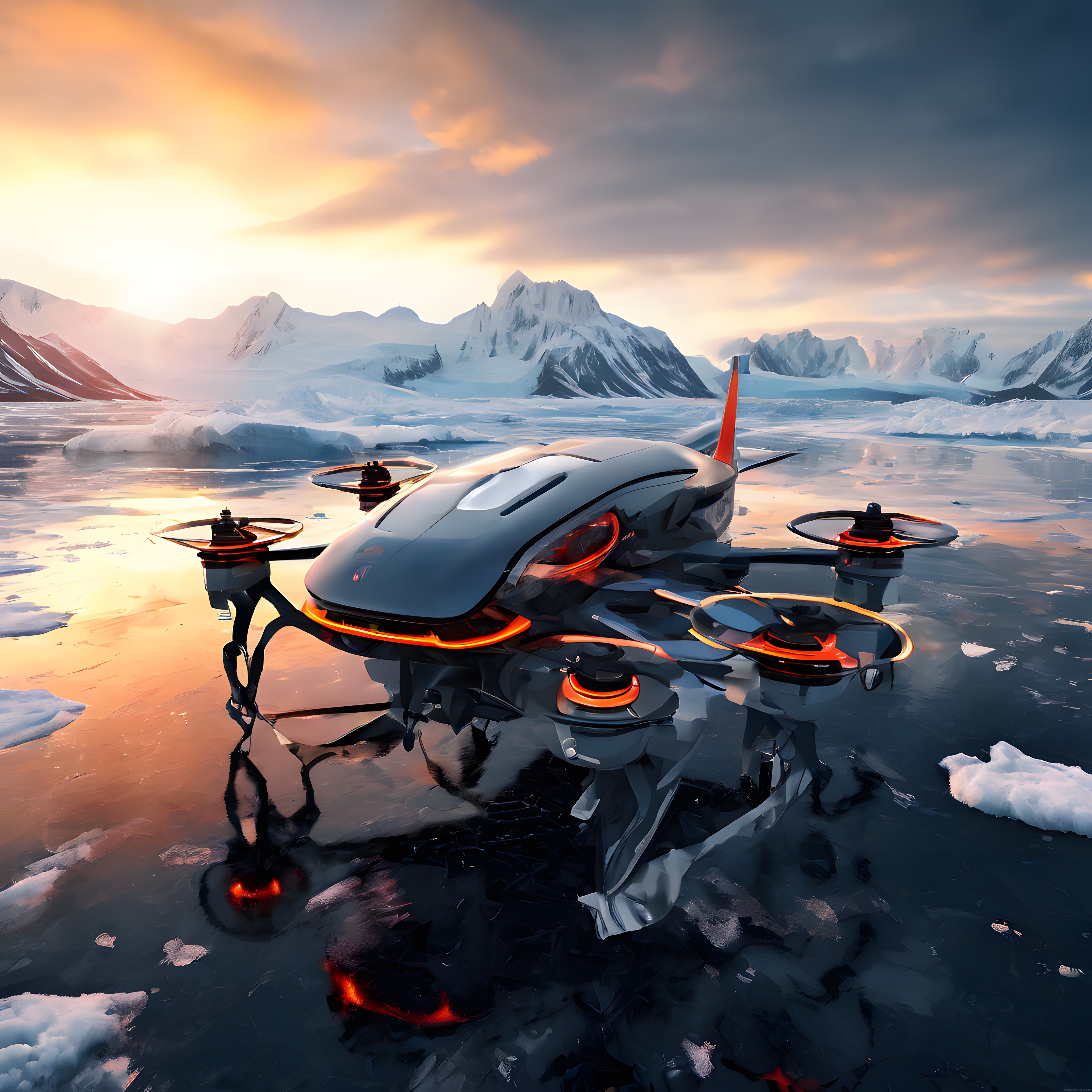 Kutup Buzulları Üzerinde Gün Batımında İleri Teknoloji Drone