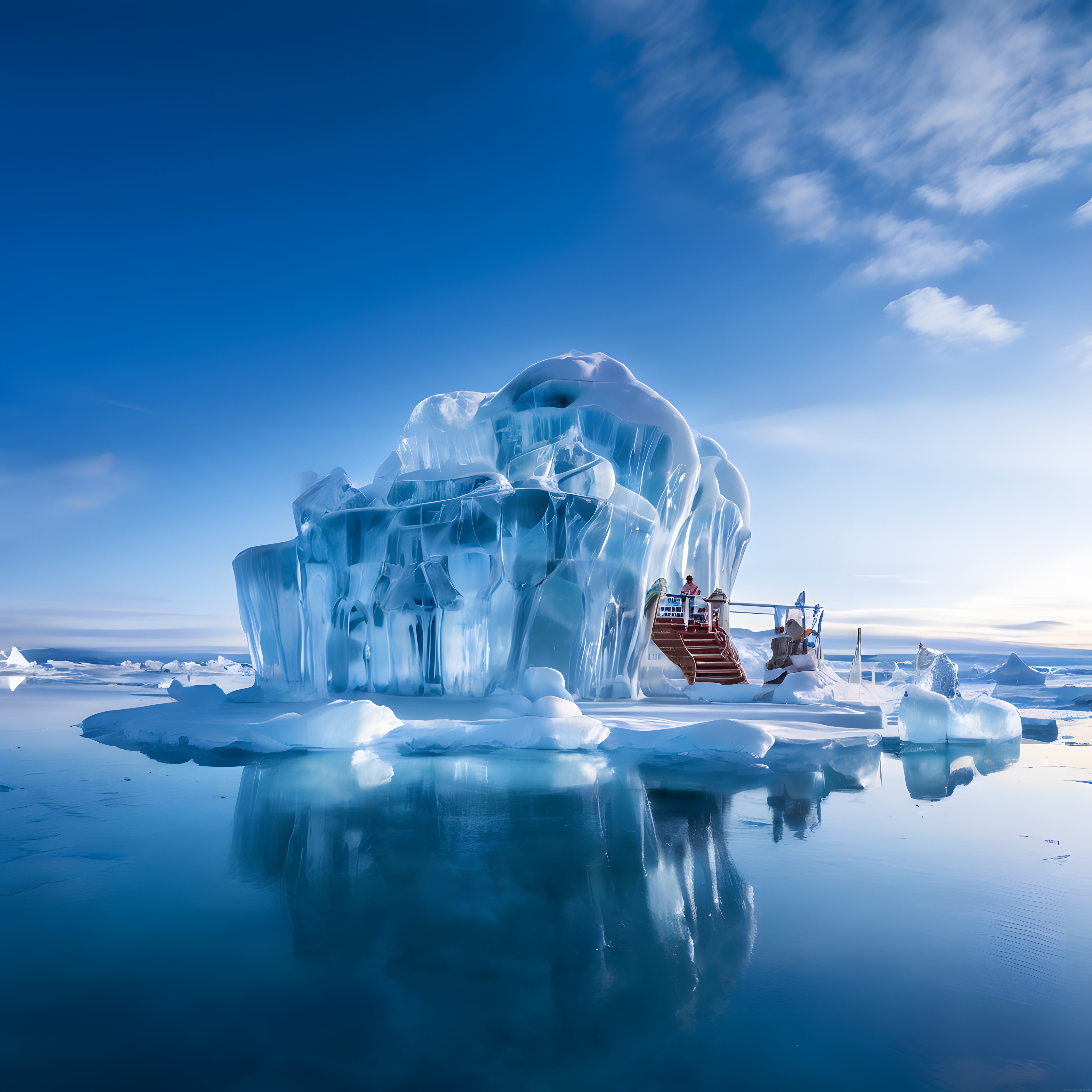 Kutup denizinin ortasında timsah şeklinde devasa buz sarayı ve yansıması