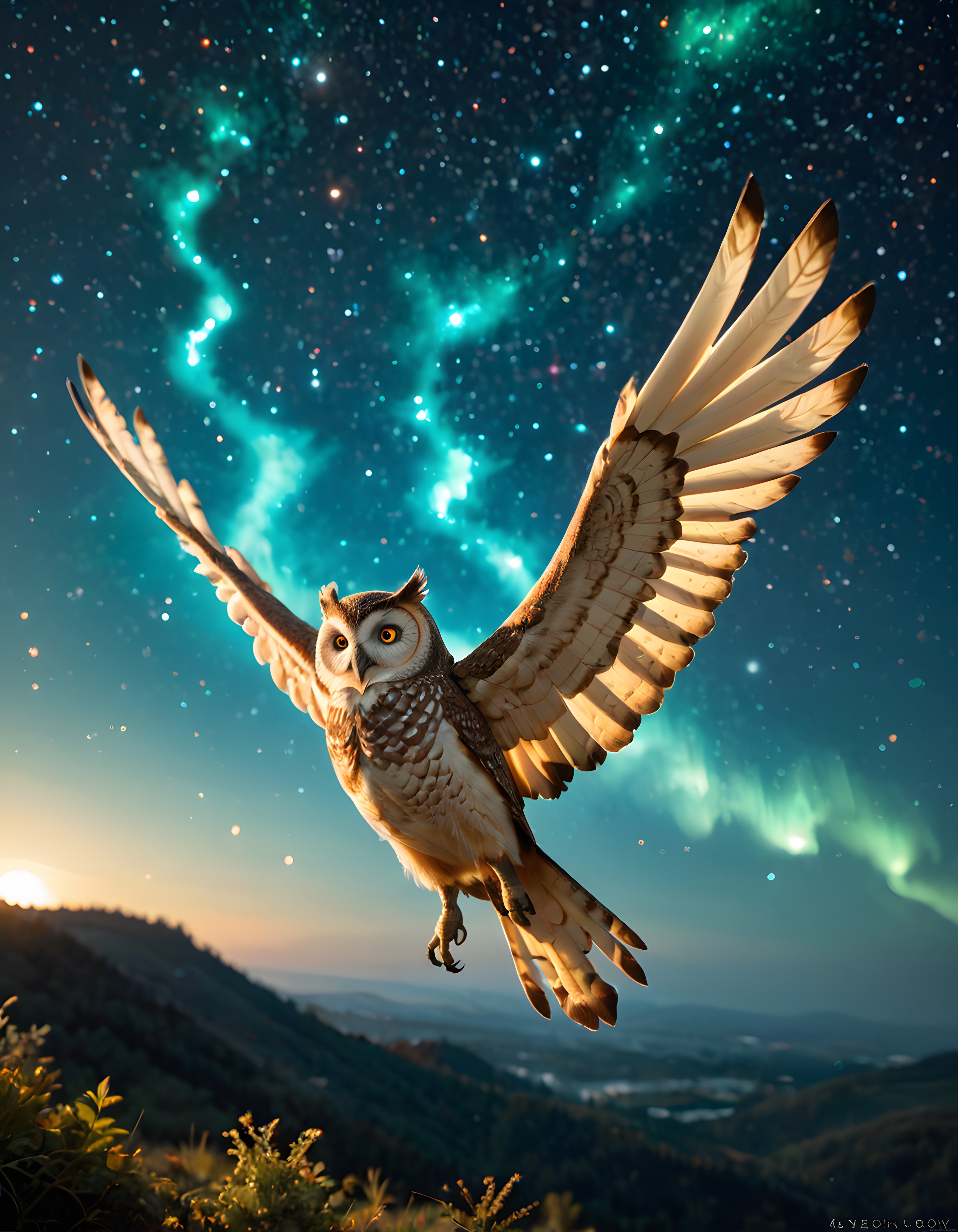 Kutup Işıkları Altında Kanat Çırpan Büyülü Baykuş ve Yıldızlı Gece Gökyüzü