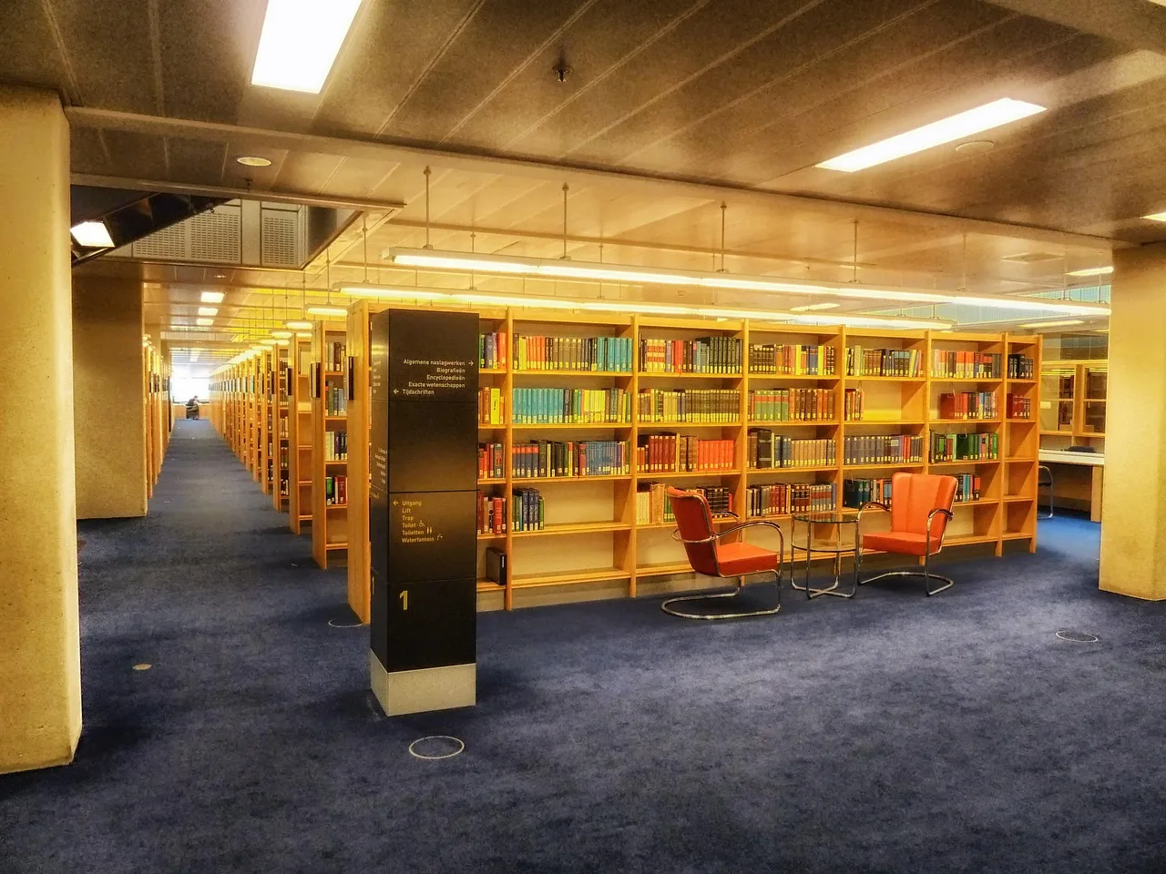 Kütüphane rafları içinde aydınlık kitap düzeni Kütüphane rafları içinde aydınlık kitap düzeni