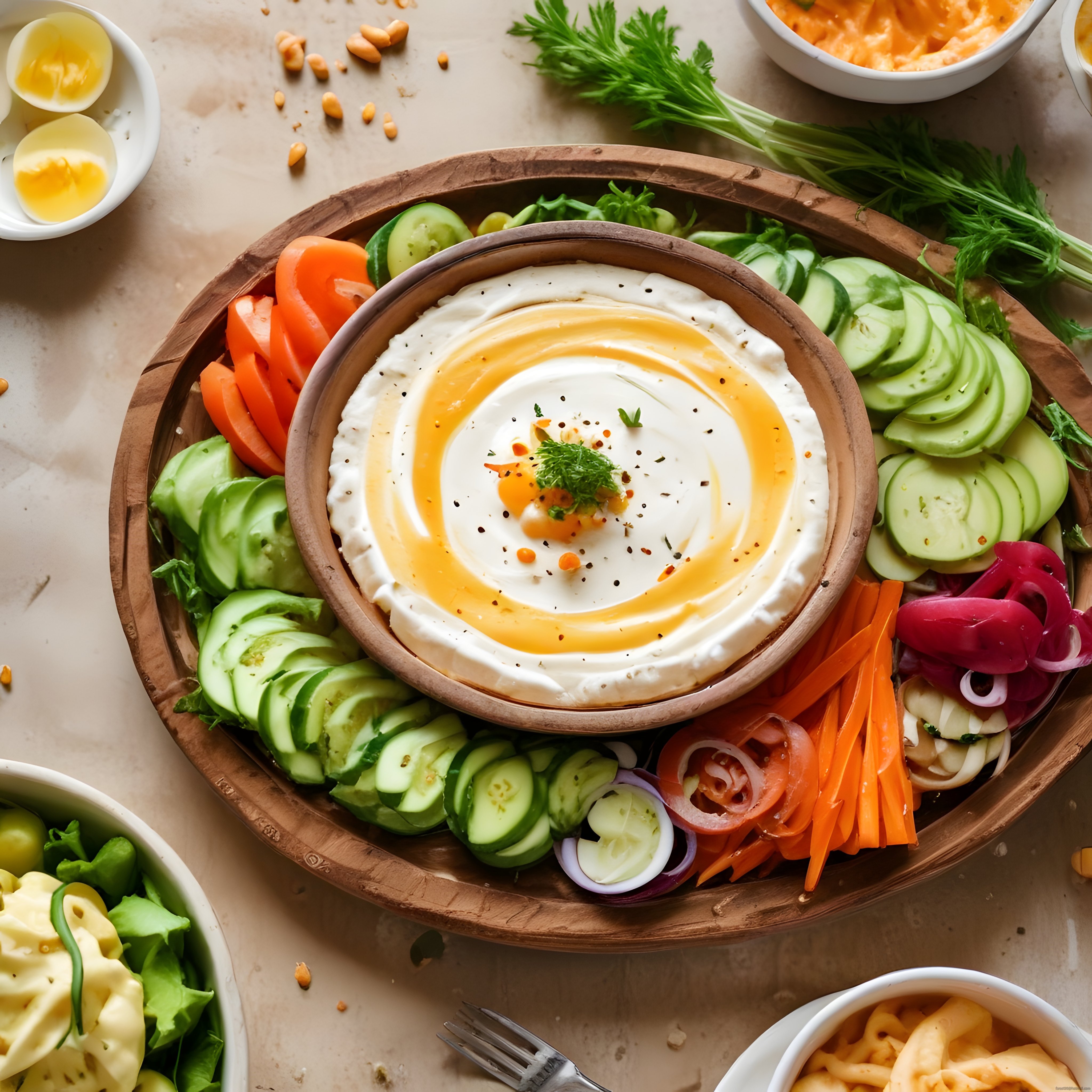Labne peynirli dip sos ve rengarenk sebzelerle kahvaltılık meze sunum tabağı