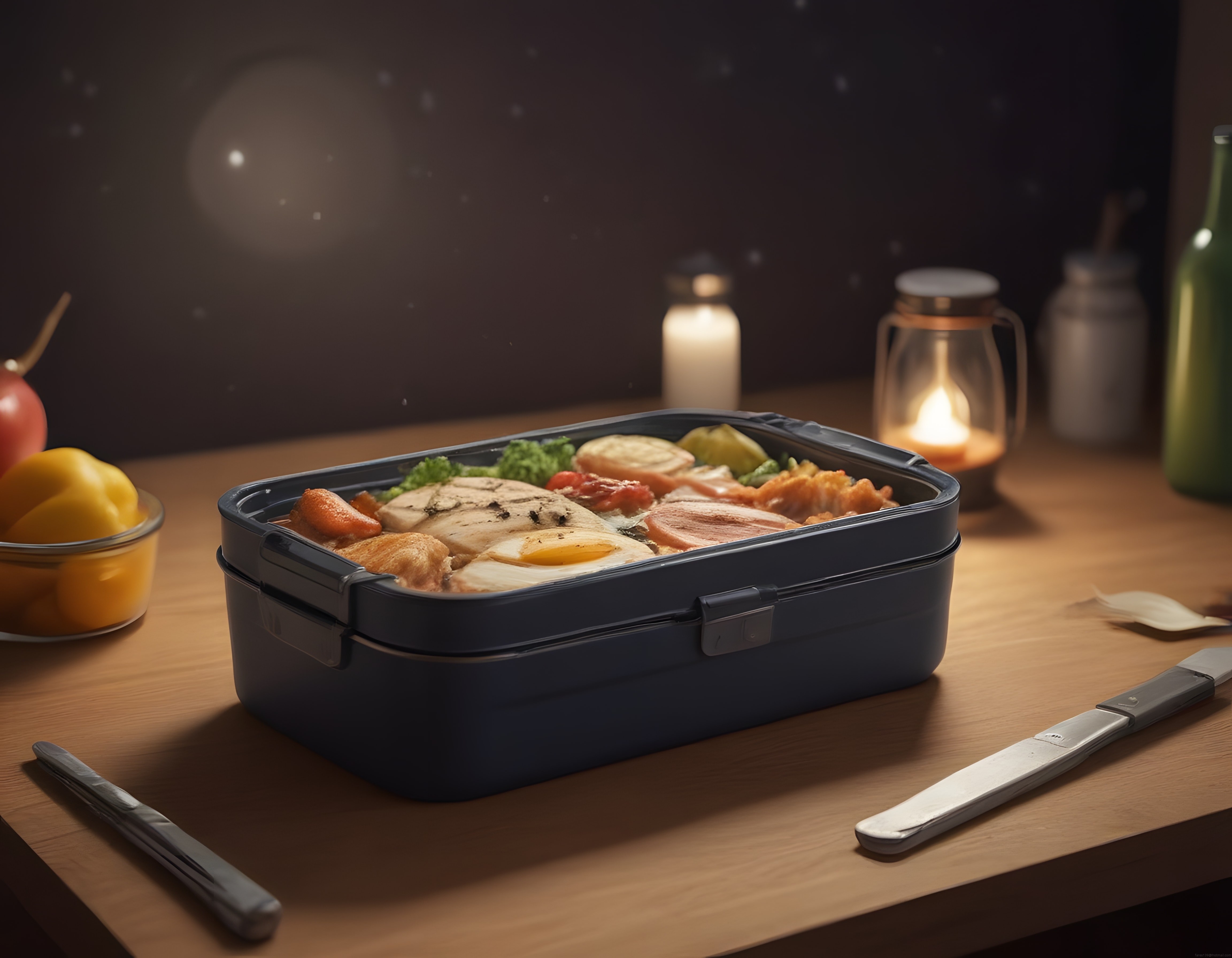 Lacivert Bento Kutuda Mum Işığında Sıcak Ev Yemeği ve Sunum Detayları