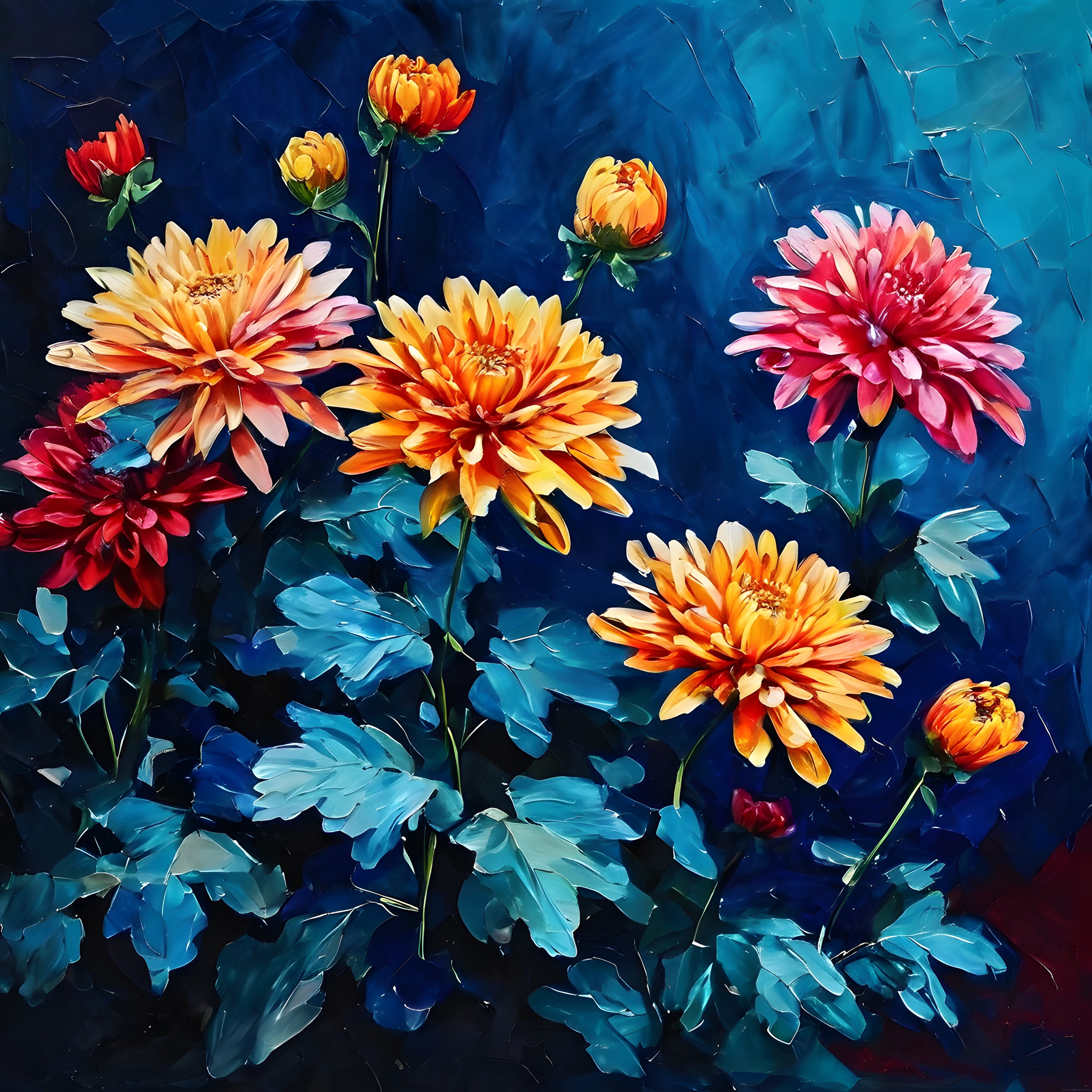 Lacivert Fonda Yağlı Boya Dokulu Krizantem ve Yapraklar Dijital Sanat