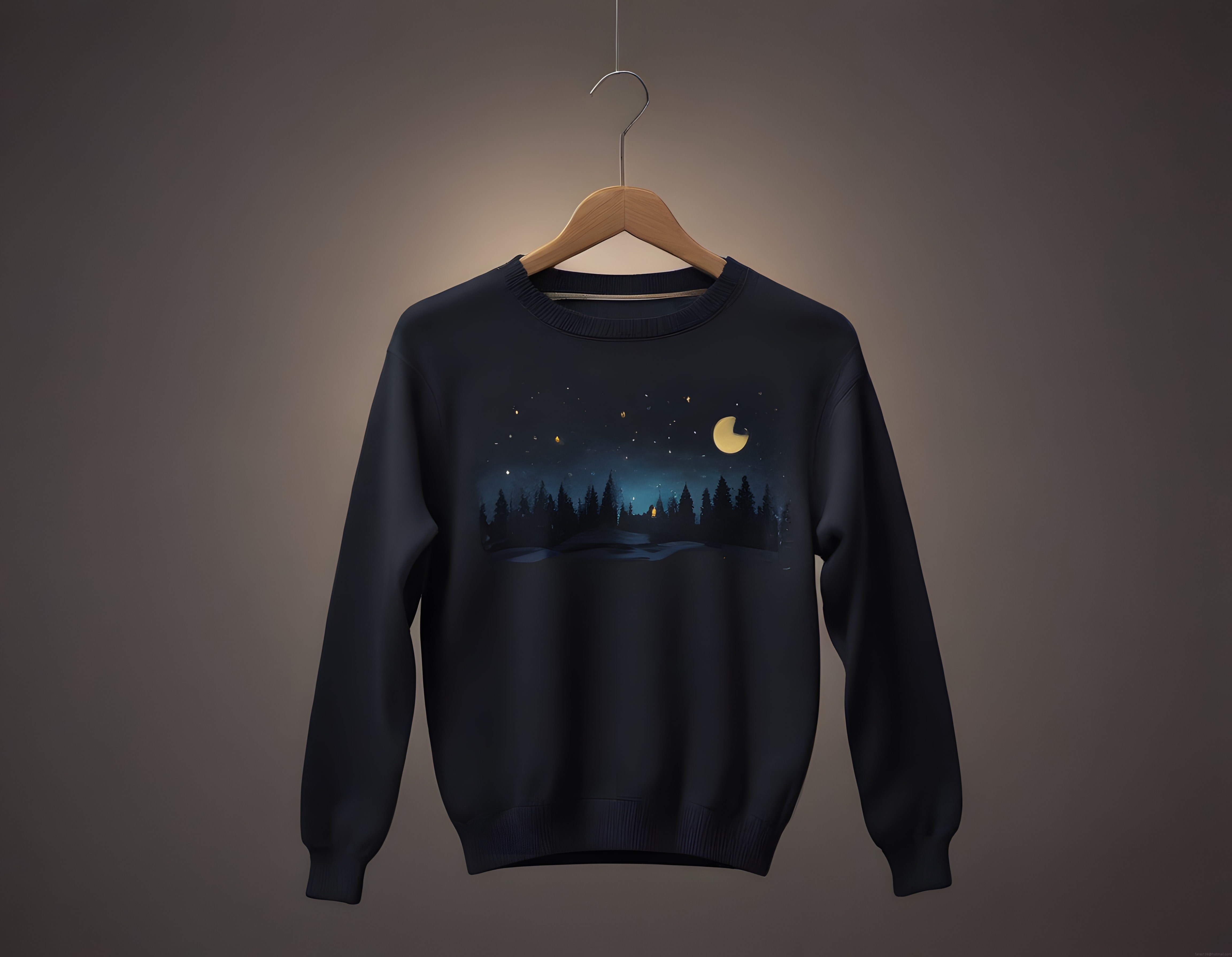Lacivert Sweatshirt Üzerinde Büyüleyici Gece Ormanı ve Hilal Ay Baskısı