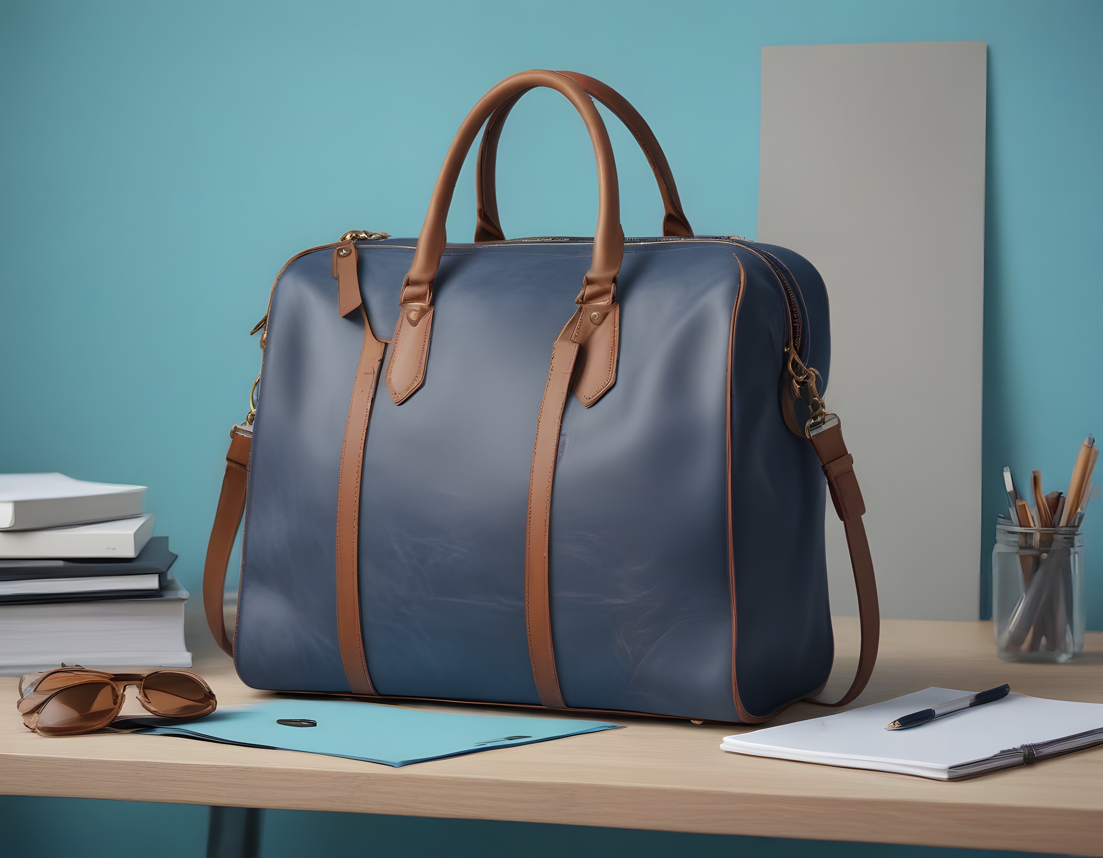 Lacivert ve Taba Detaylı Laptop Çantası ile Modern Çalışma Masası Düzeni