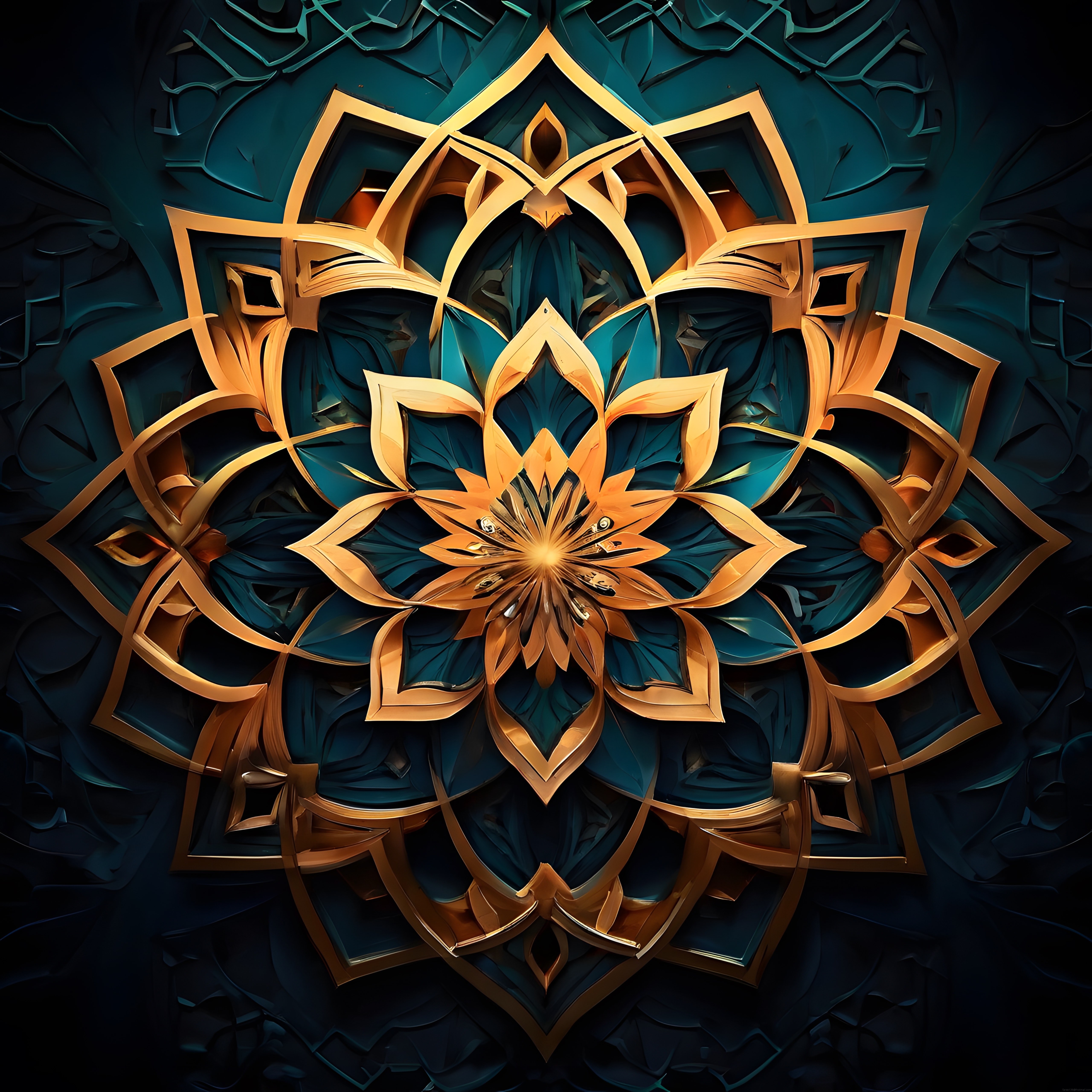 Lacivert Zemin Üzerinde Parıldayan Altın Mandala ve Lotus Desenli Dijital Sanat