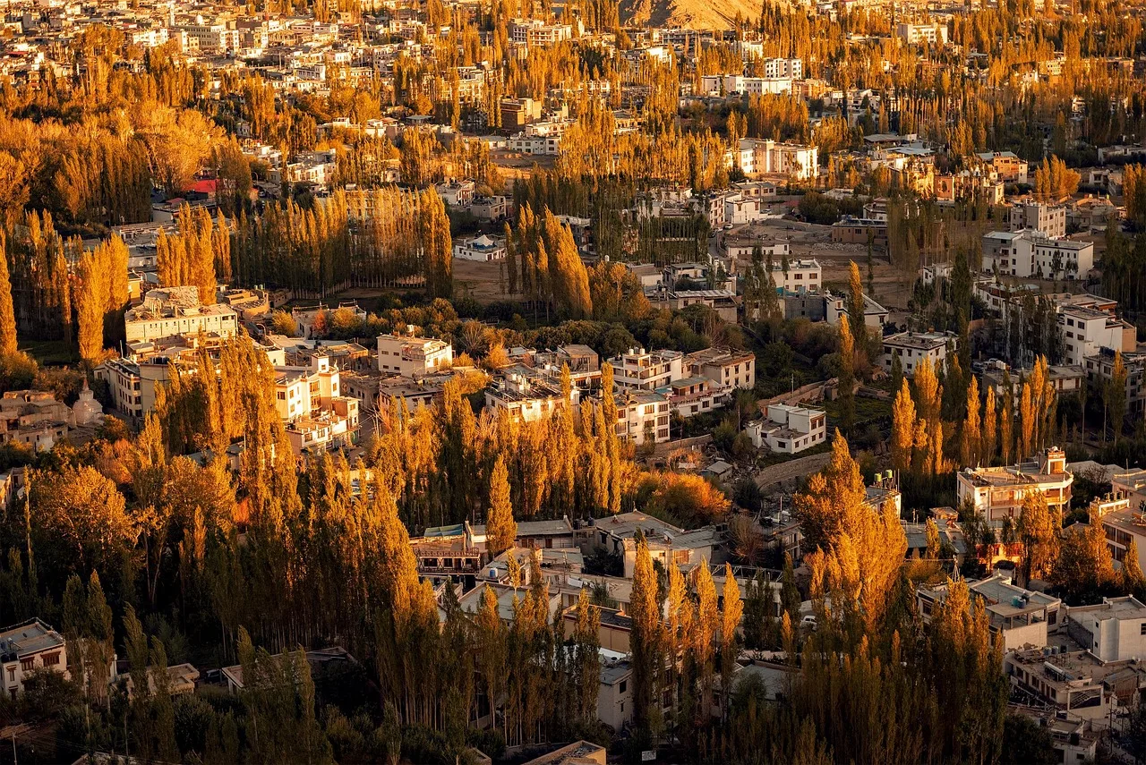 Ladakh kasabası sonbahar manzarası - Hindistan seyahat