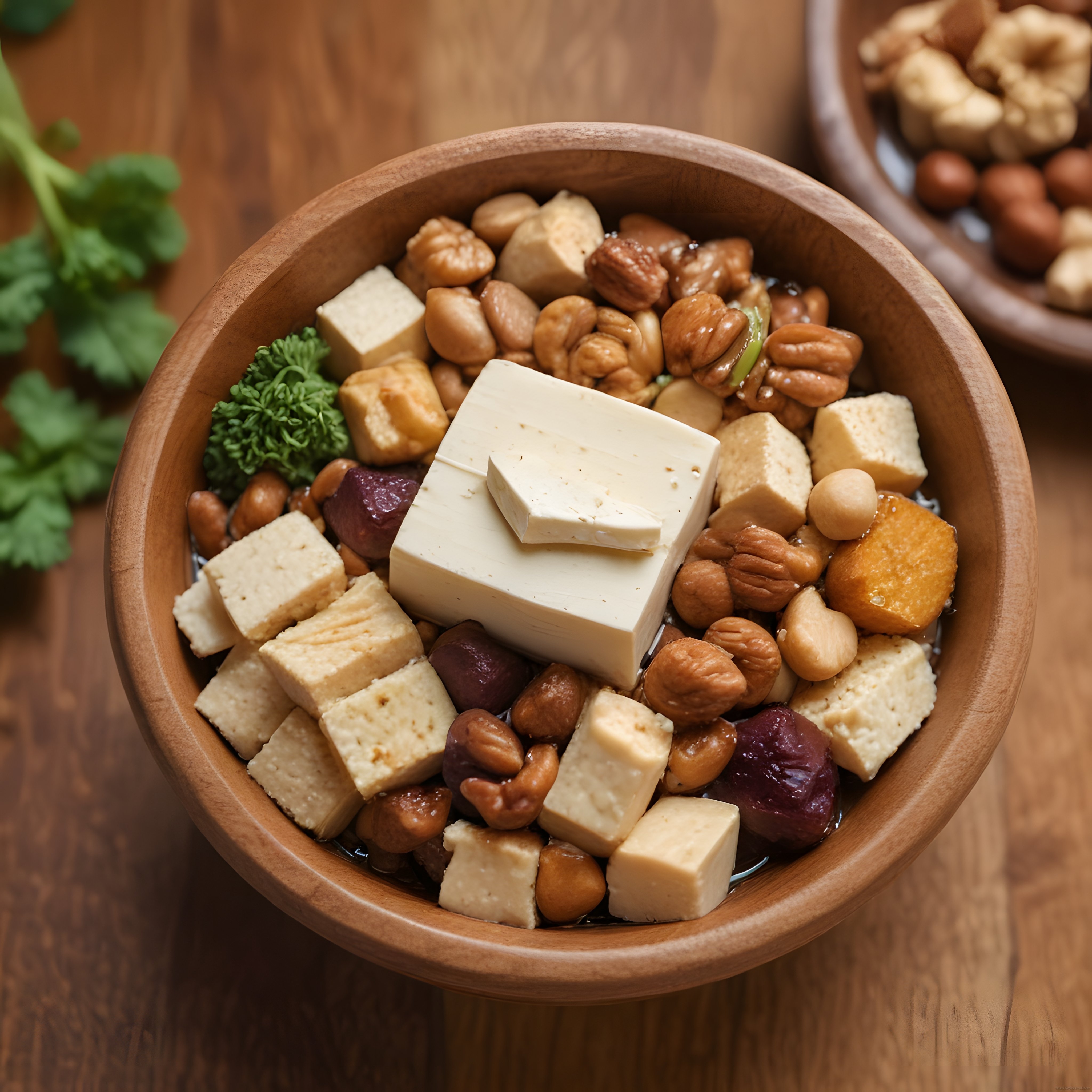 ladin yüzey üzerinde ahşap kasede tofu ve kuruyemişli besleyici vegan kase