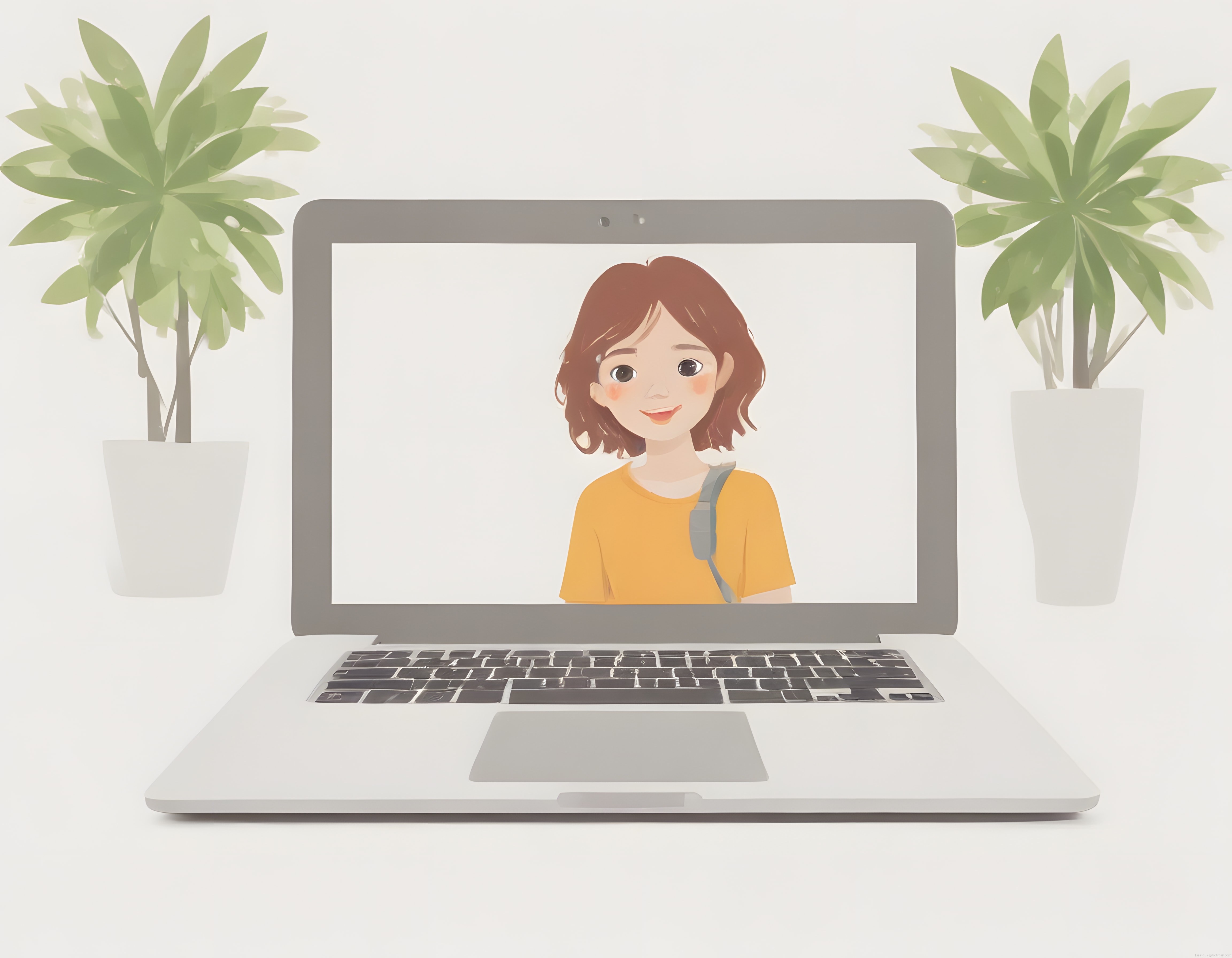 Laptop Ekranında Gülümseyen Animasyon Kız ve Minimal Çalışma Alanı