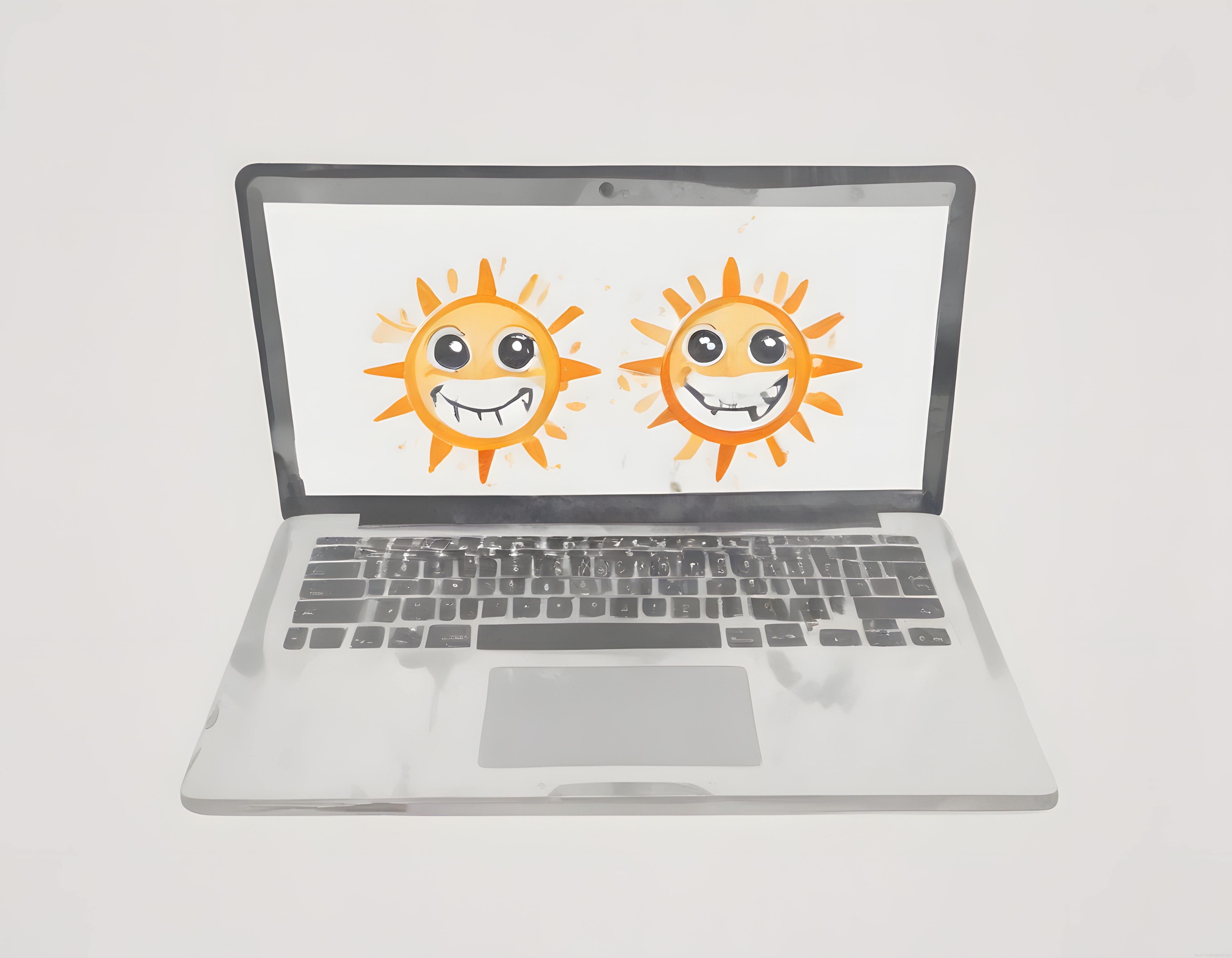 Laptop Ekranında Suluboya Tekniğiyle Çizilmiş Gülümseyen Güneş Karakterleri