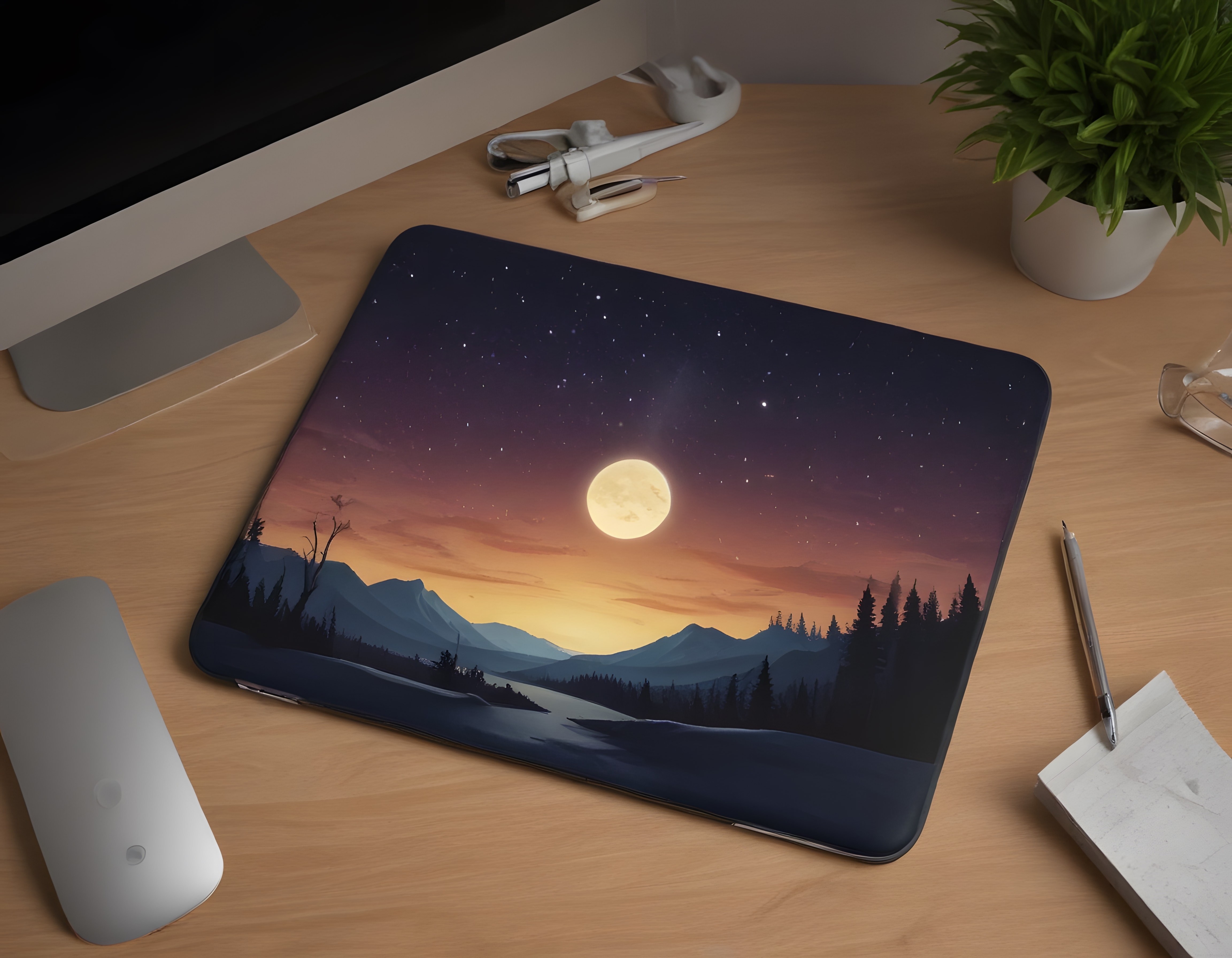 Laptop Kapağındaki Dolunaylı Göl ve Dağ Manzarası Dijital Sanat İllüstrasyonu
