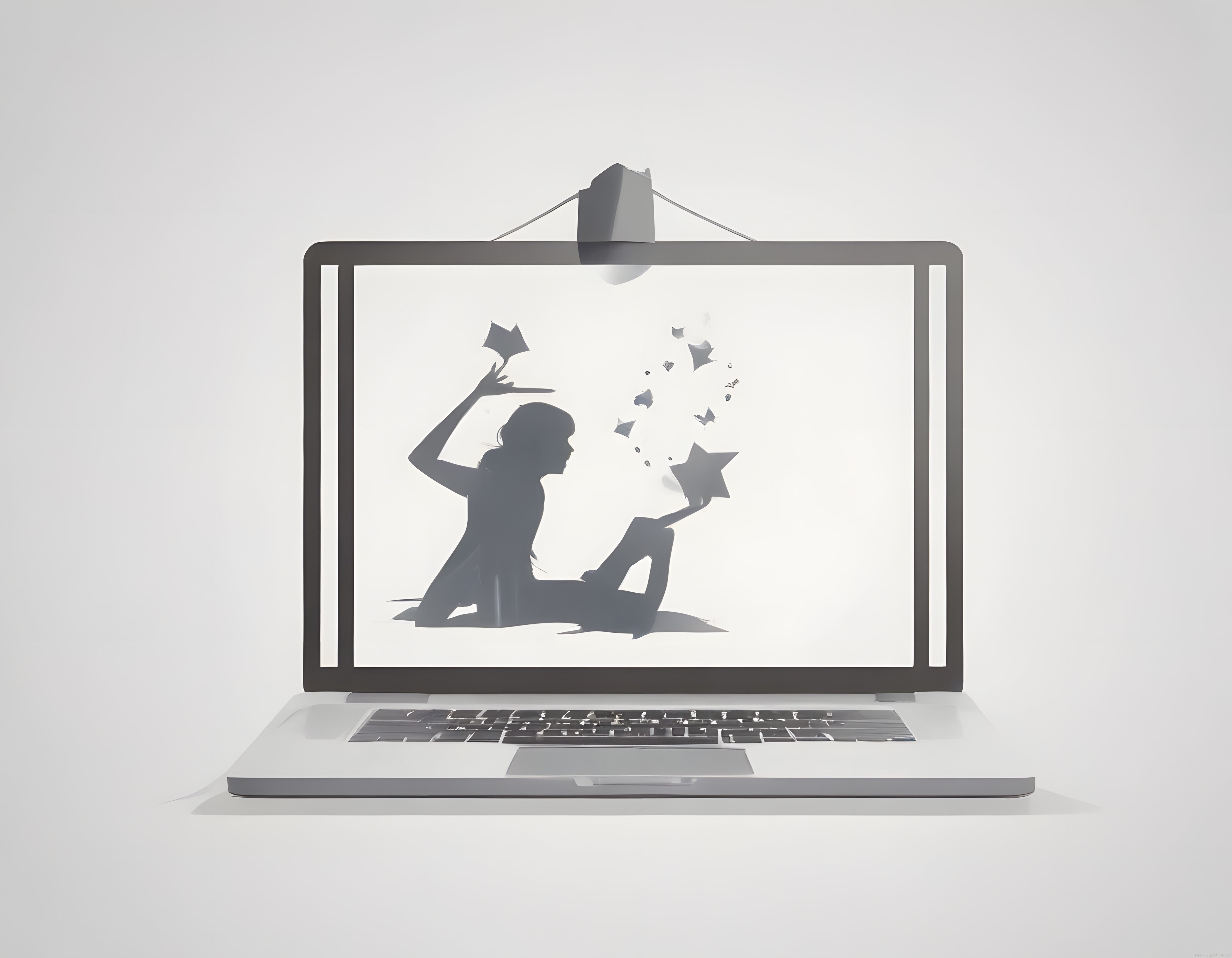 Laptop Üzerinde Asılı Dijital Çerçeve ve Kağıt Kesme Kadın Silüeti