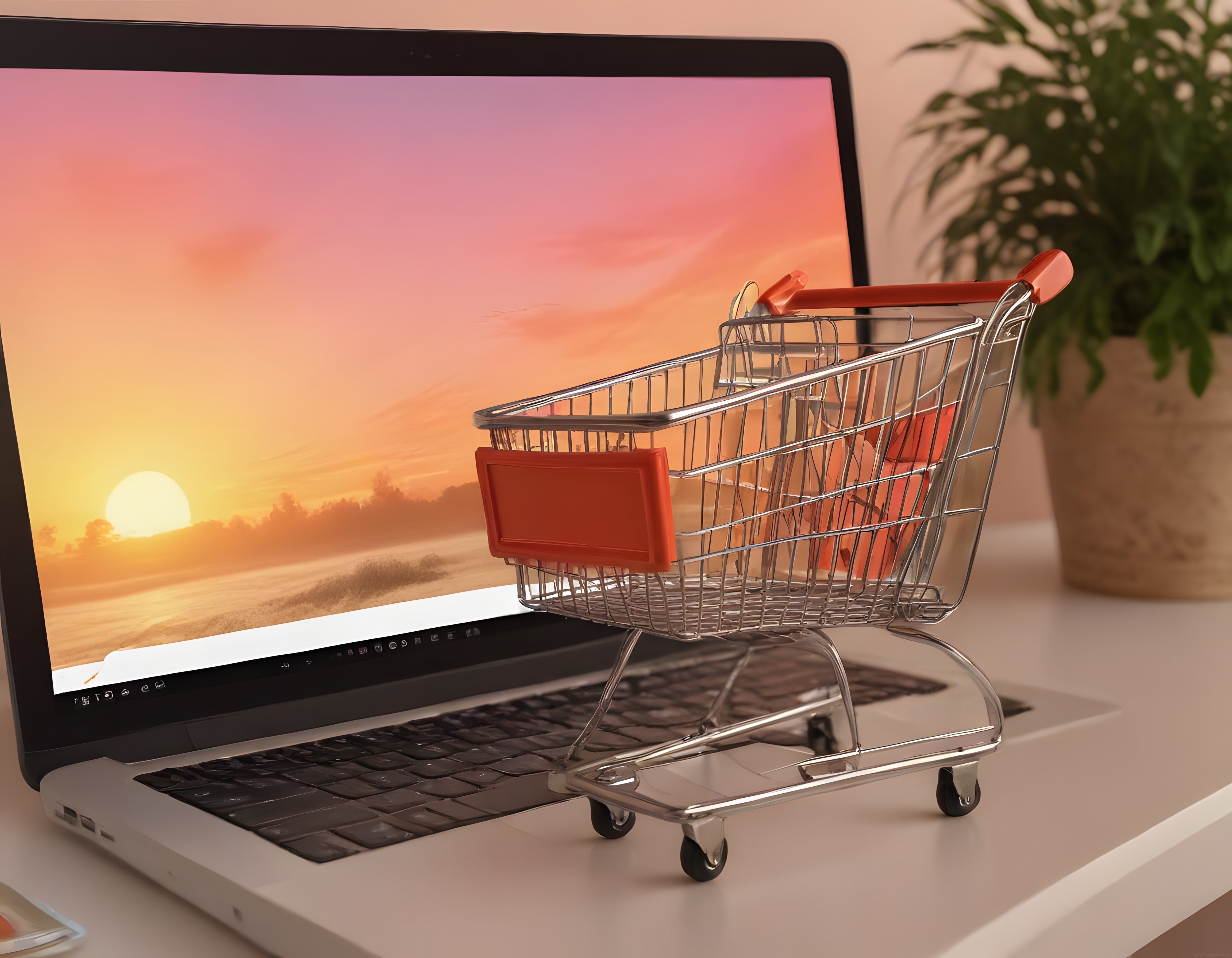 Laptop Üzerindeki Mini Market Arabası ile Online Alışveriş Konsepti