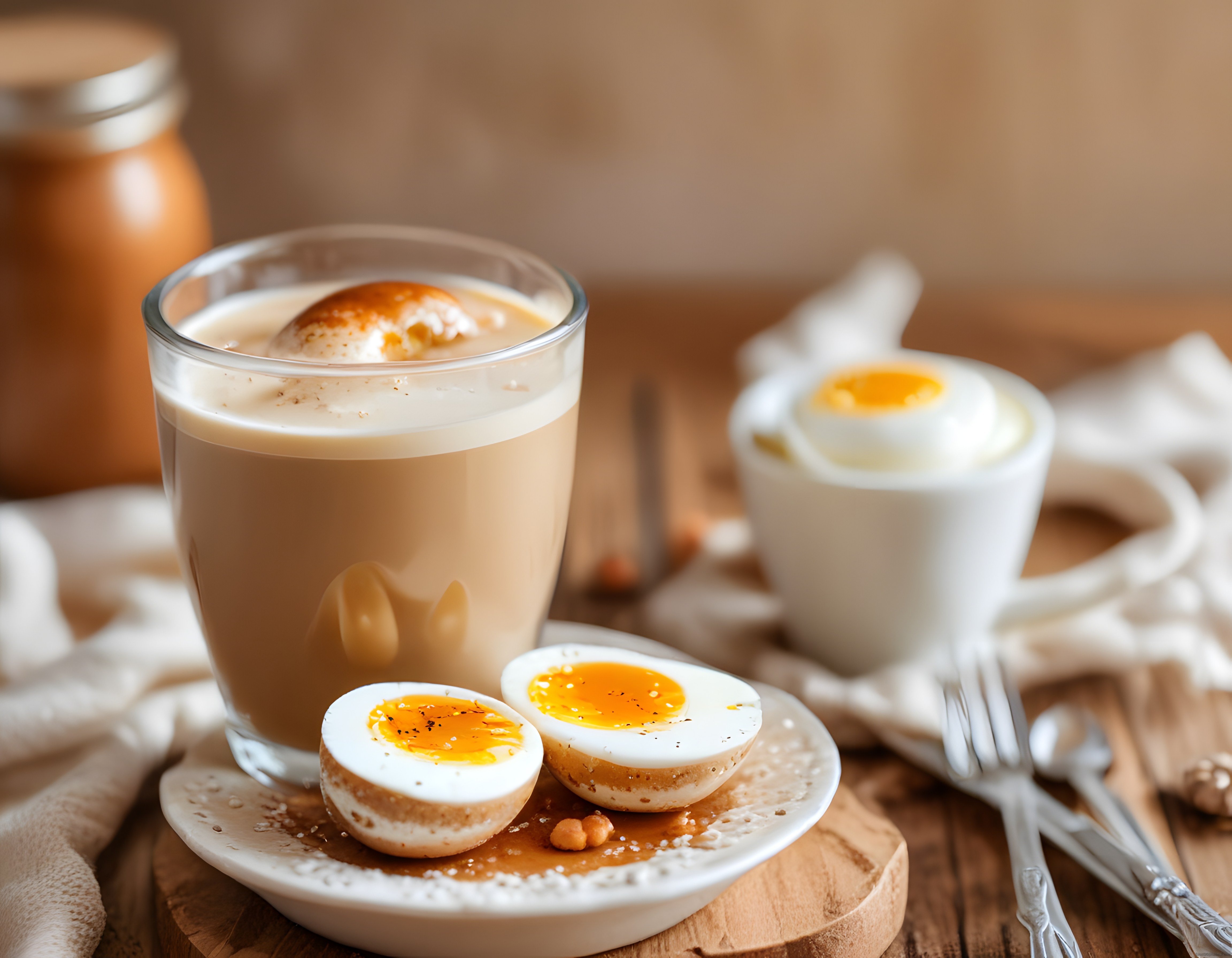 Latte ve Yumuşak Haşlanmış Yumurtayla Hazırlanan Sıcak Rustik Kahvaltı