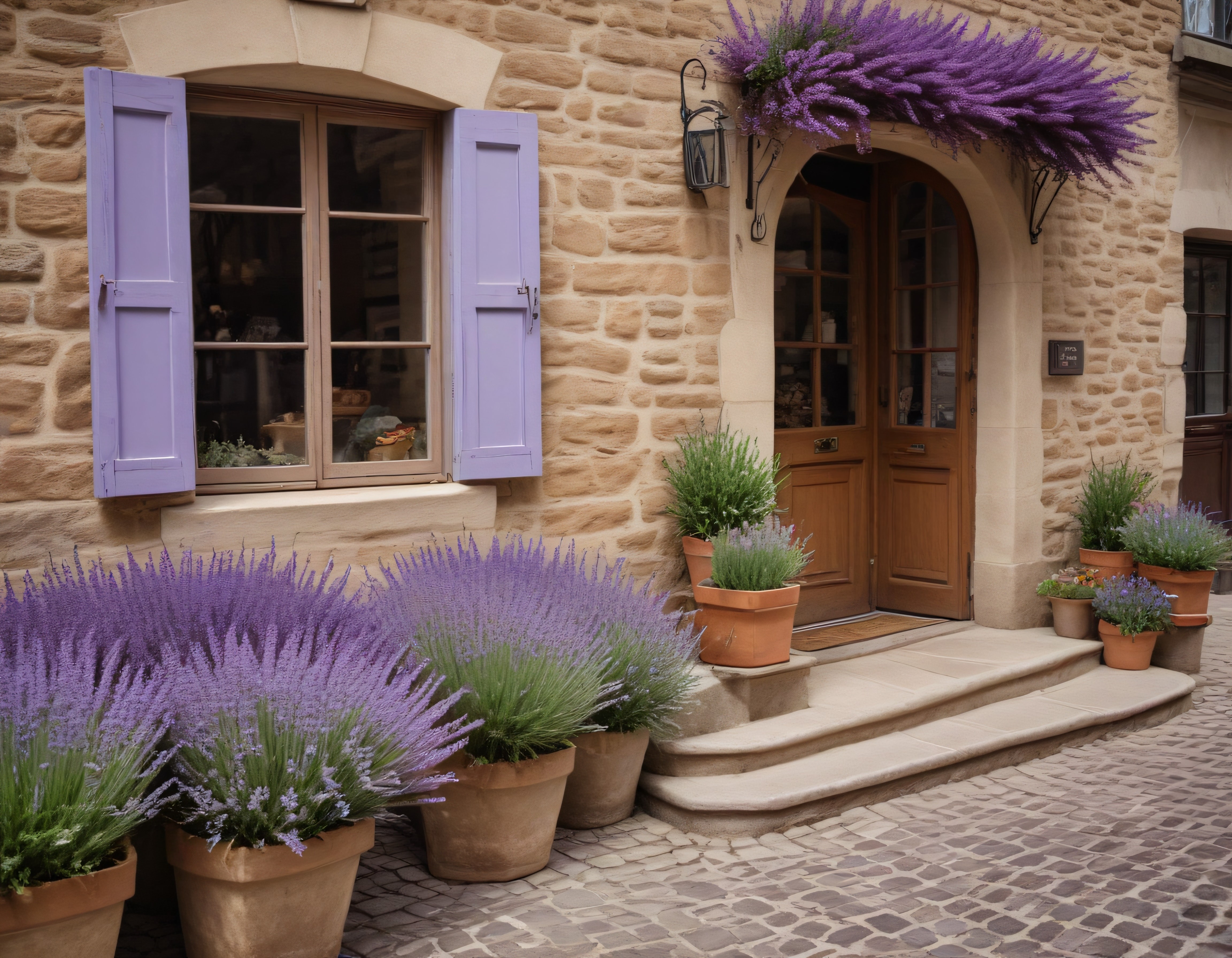 Lavanta ve Taş Duvarlı Provence Stili Ev Cephesi ile Huzurlu Giriş Alanı