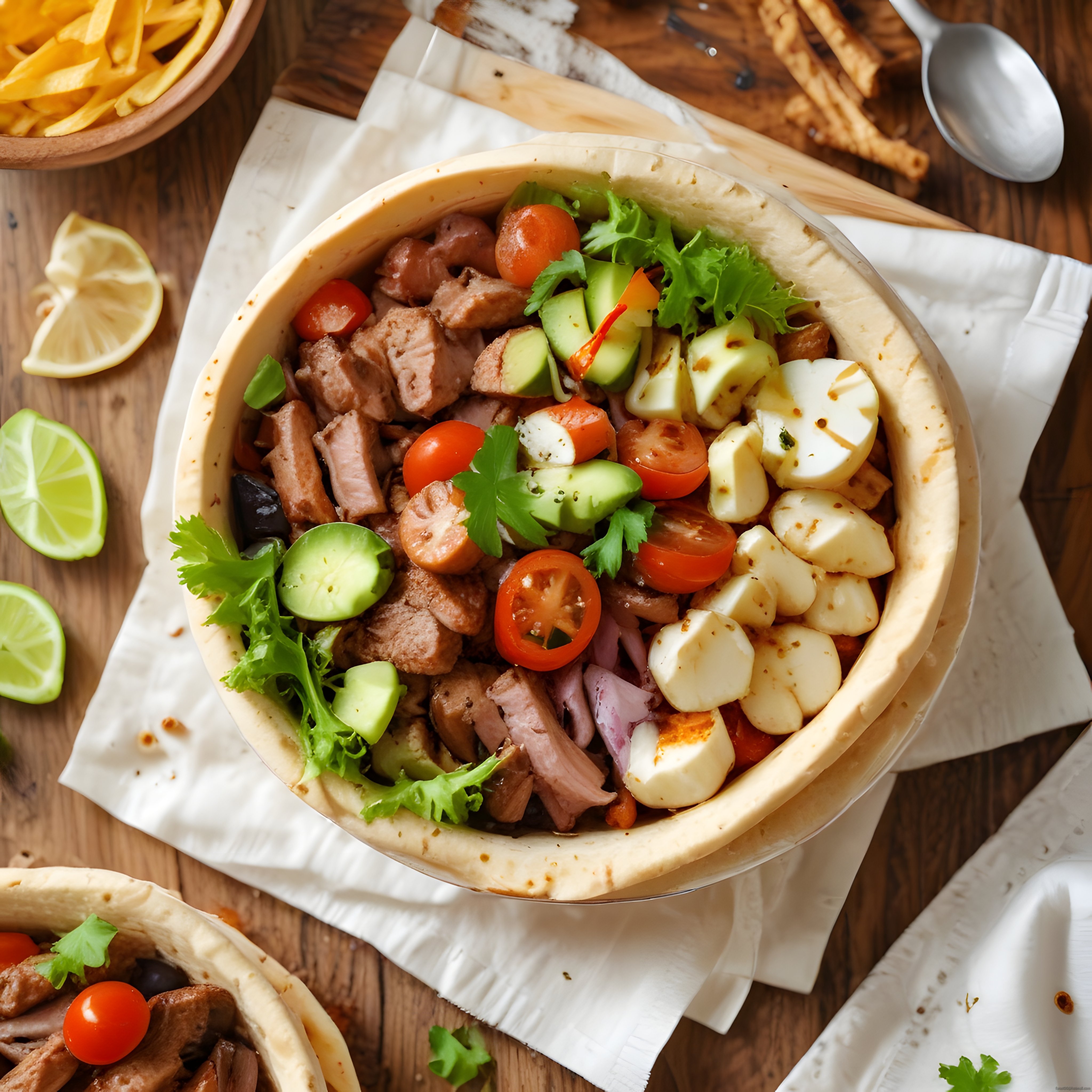 Lavaş kasede et parçaları, sebze ve haşlanmış yumurtayla sunulan lezzetli salata