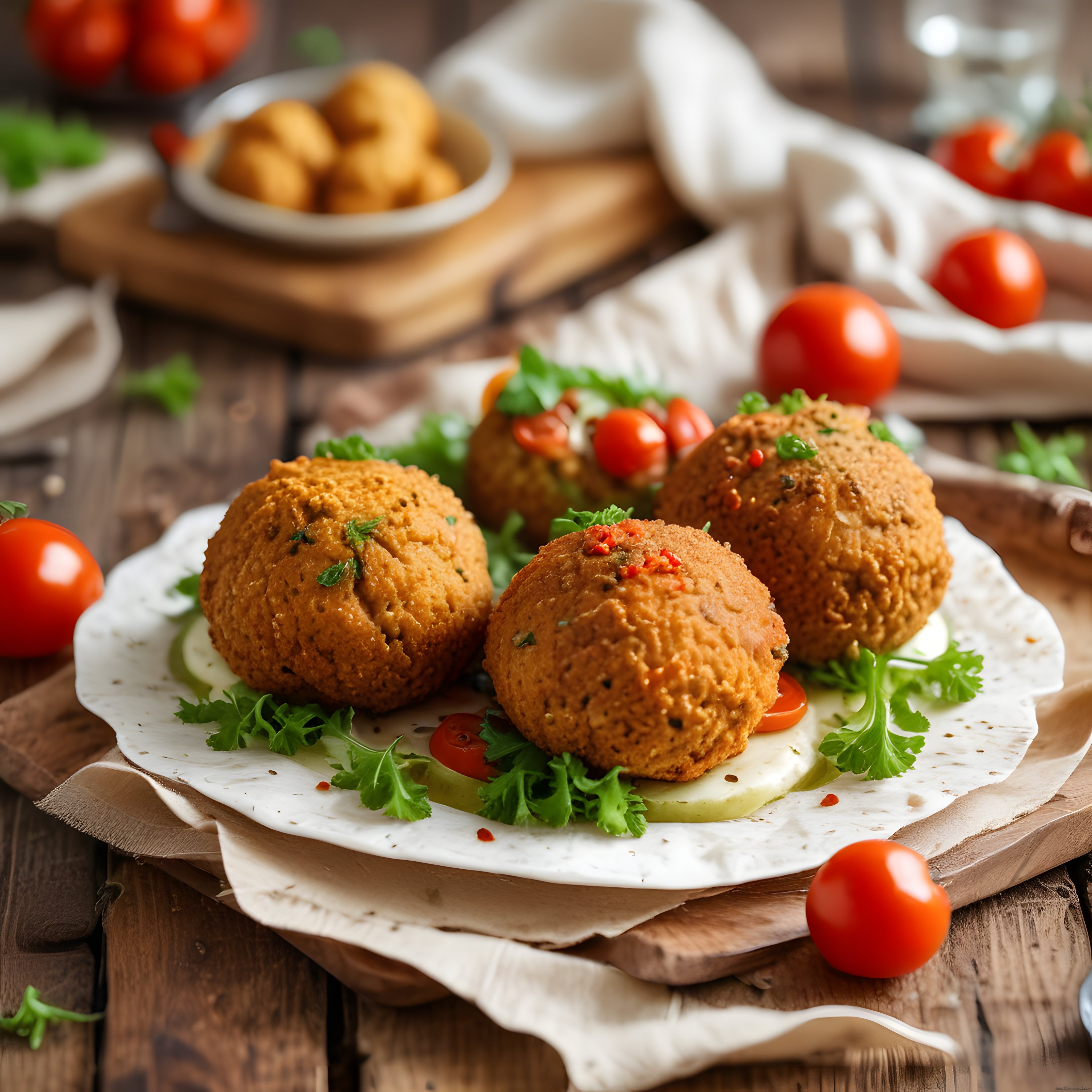 Lavaş Üzerinde Kızarmış Falafel Topları ve Renkli Sebze Garnitürü