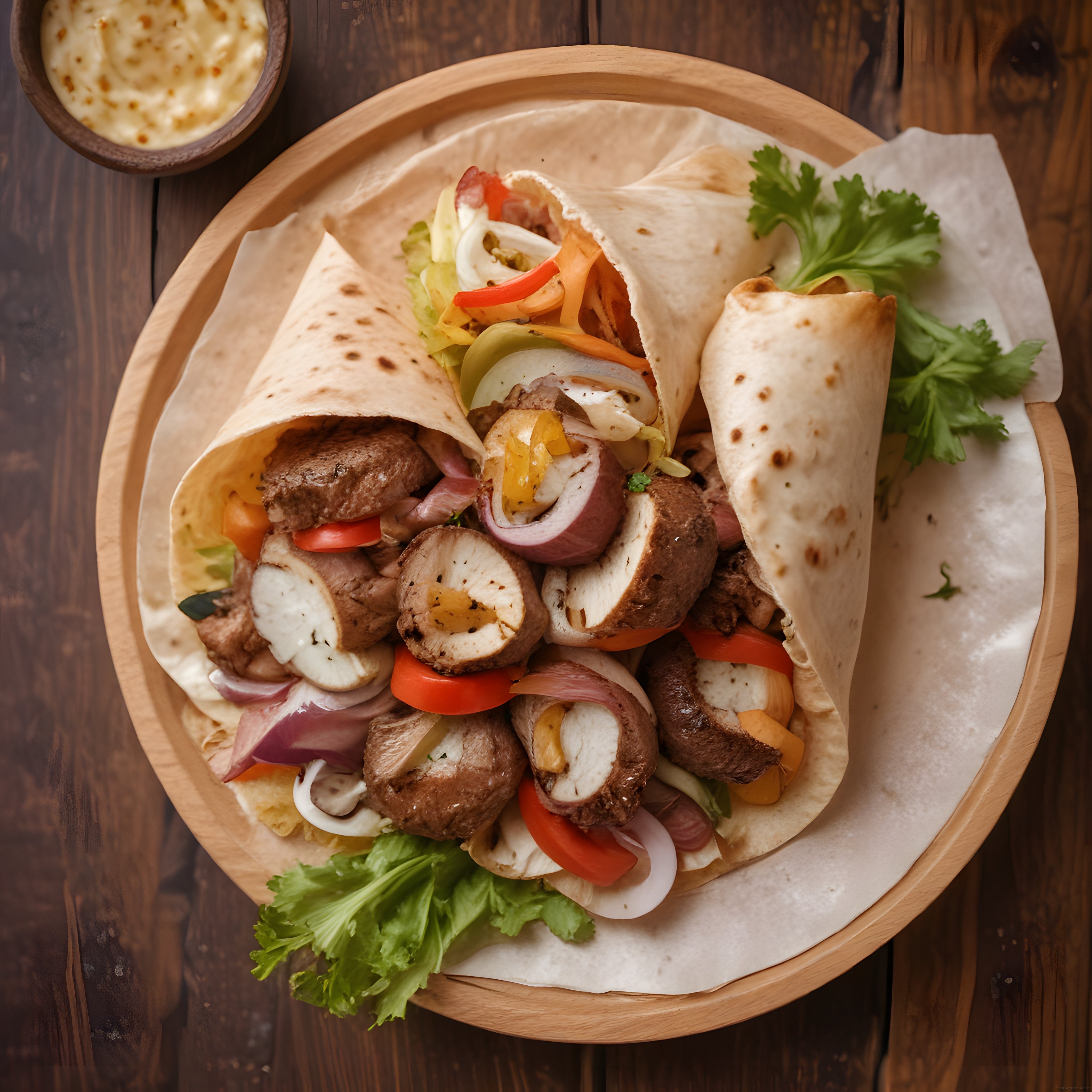 Lavaş ve Tortillaya Sarılı Sebzeli Et Ruloları: Sos ve Otlarla Sunum