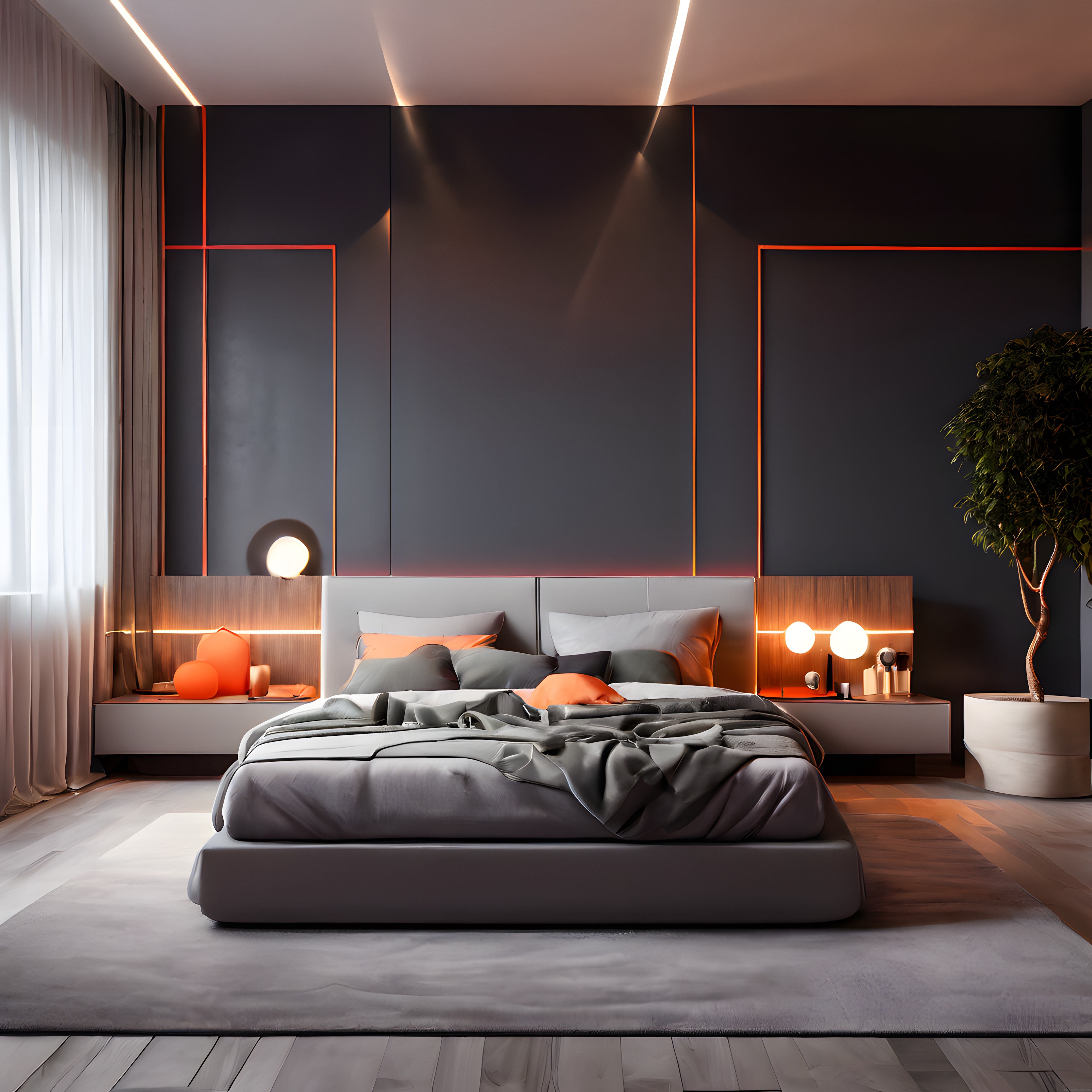 LED Işıklandırmalı Modern Yatak Odası: Gri ve Turuncu Tonlarında Lüks Tasarım