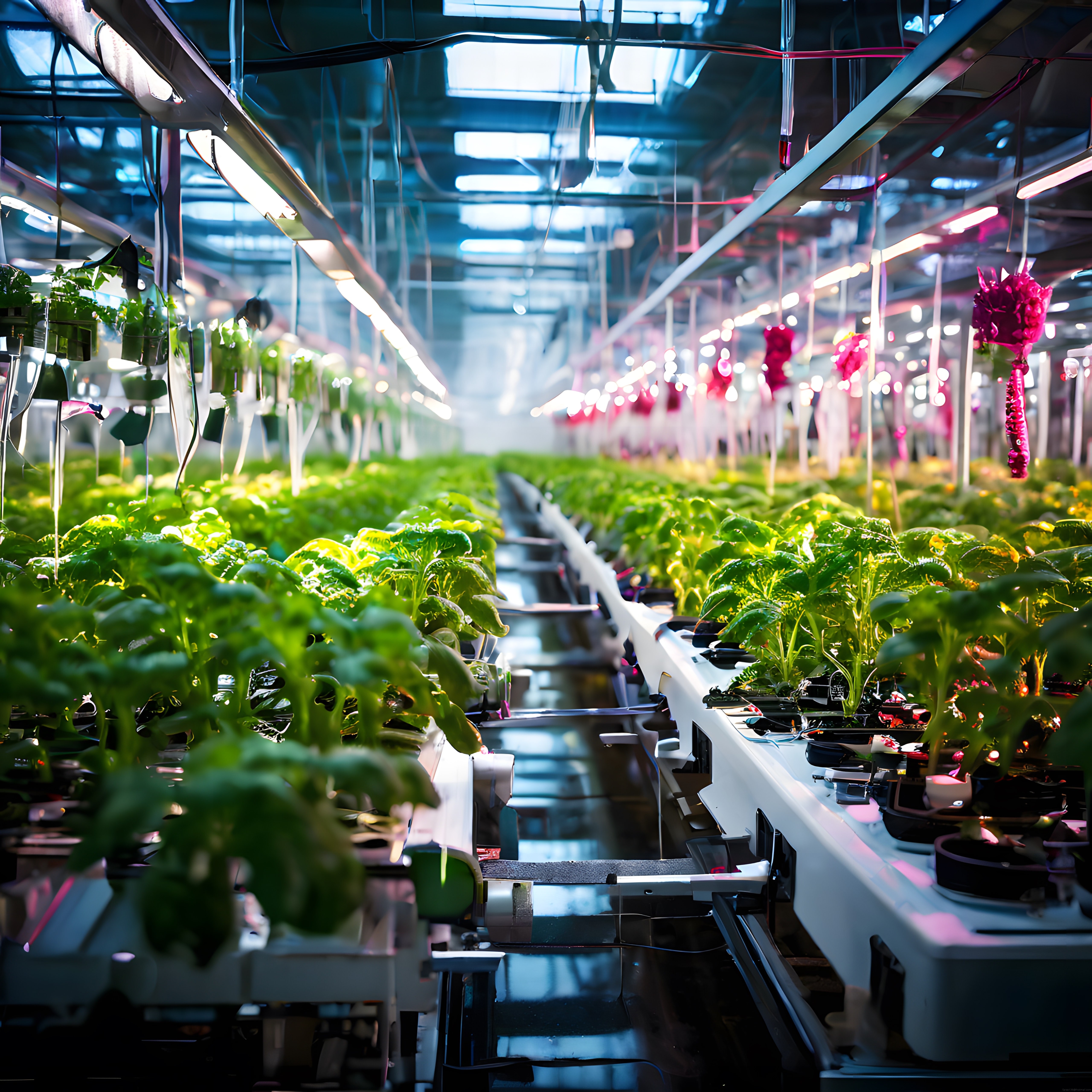 LED Işıklarla Aydınlatılan Hidroponik Dikey Tarım Tesisinin Teknolojik İç Mekanı