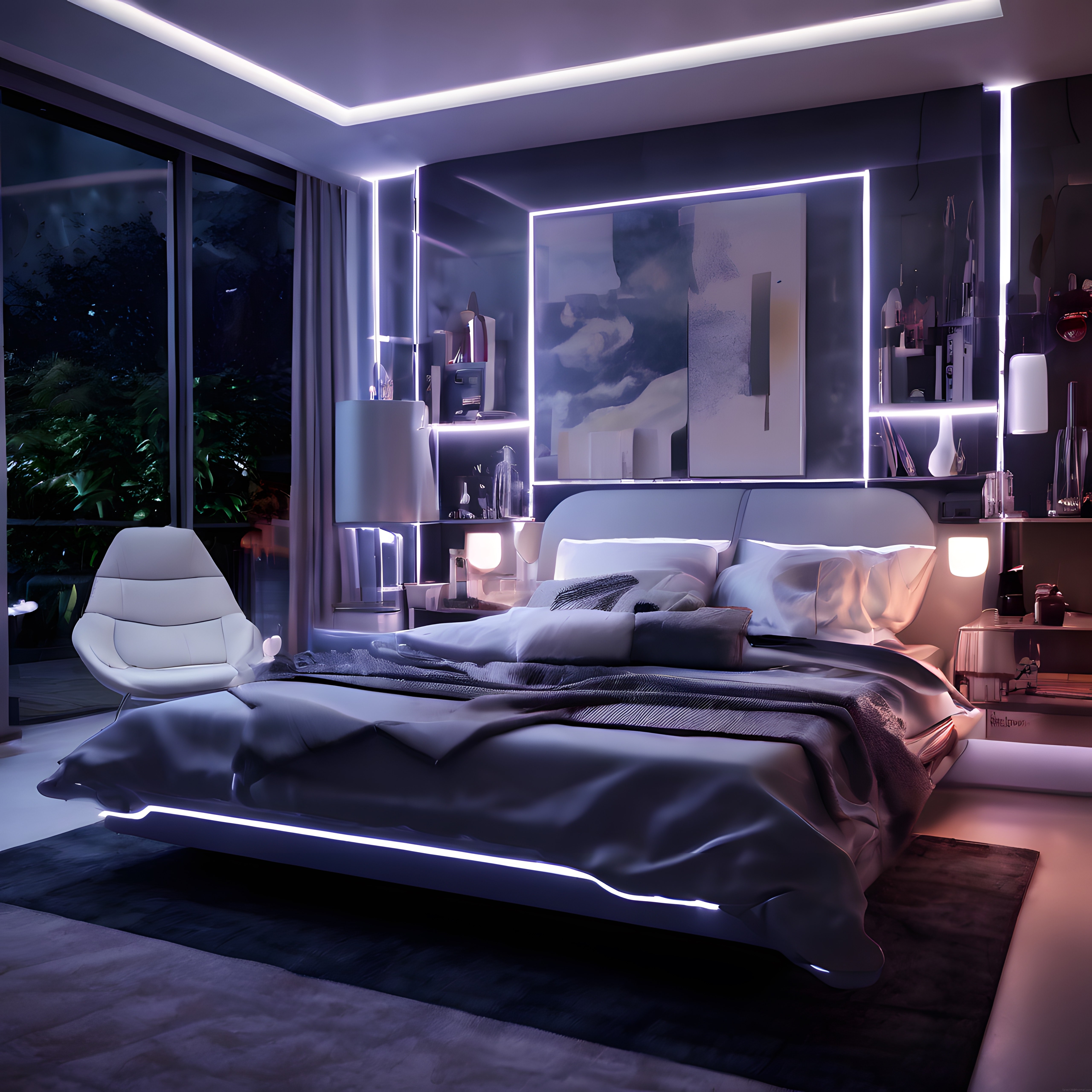 LED ve Neon Aydınlatmalı Geleceğe Ait Lüks Yatak Odası İç Mekan Tasarımı