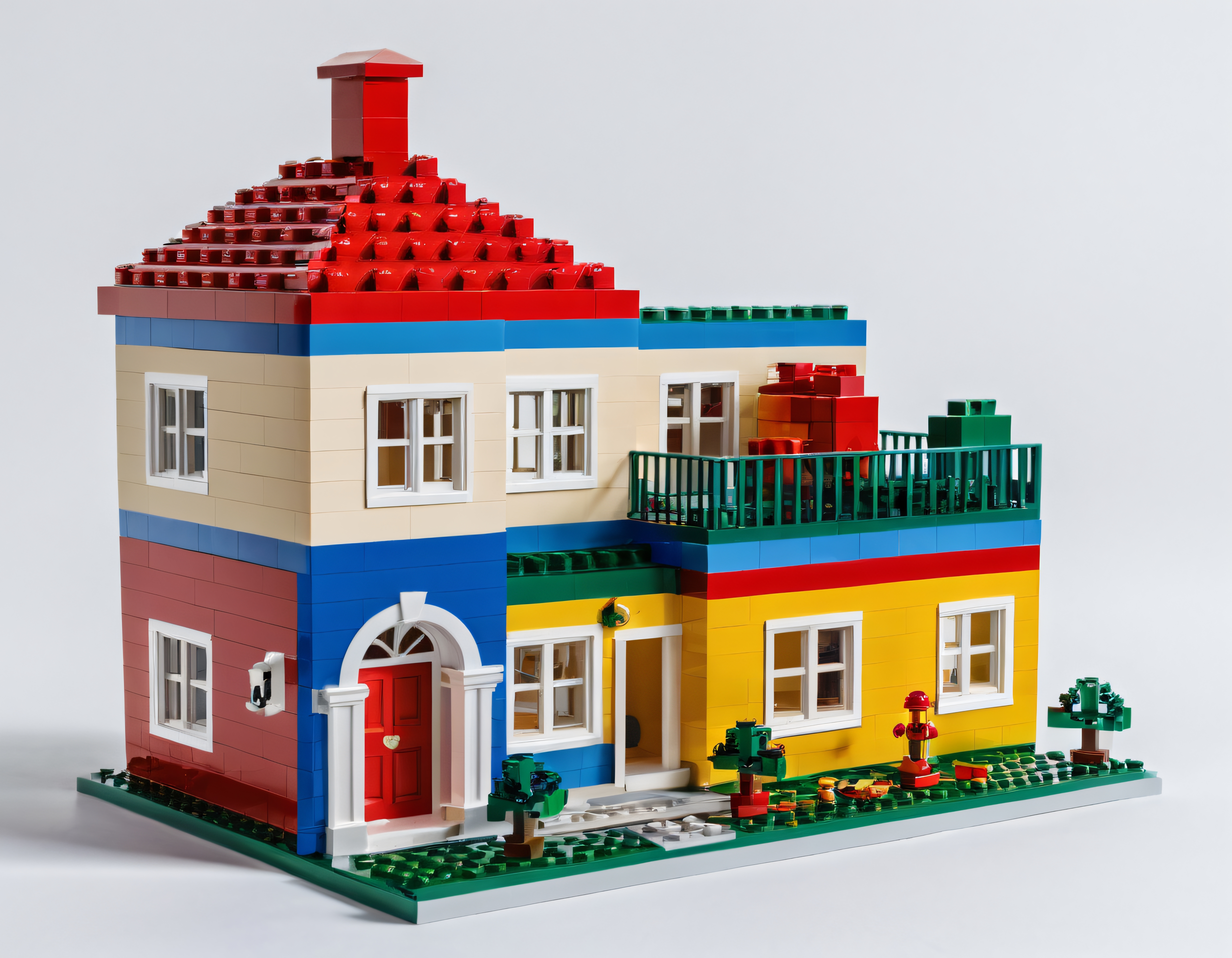 Lego bloklarıyla inşa edilmiş renkli iki katlı ev ve bahçe maketi