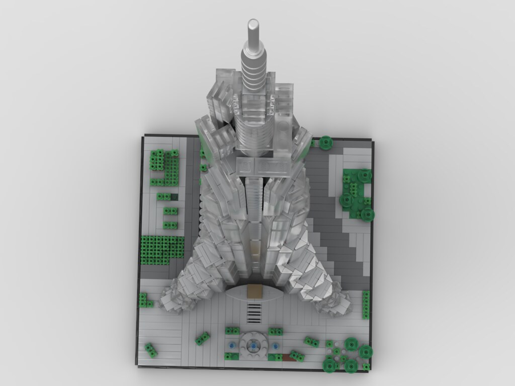 Lego parçalarıyla oluşturulmuş şehir manzarası ve yüksek mimari yapı detayı