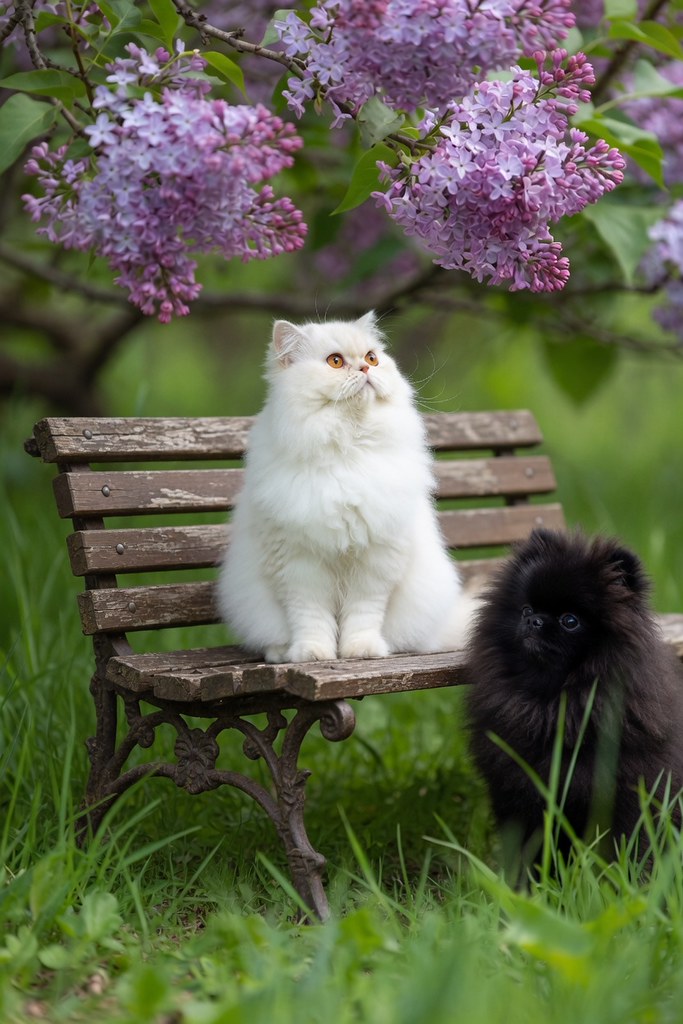 Leylak çiçekleri altında bankta oturan beyaz kedi ve siyah pomeranian köpek