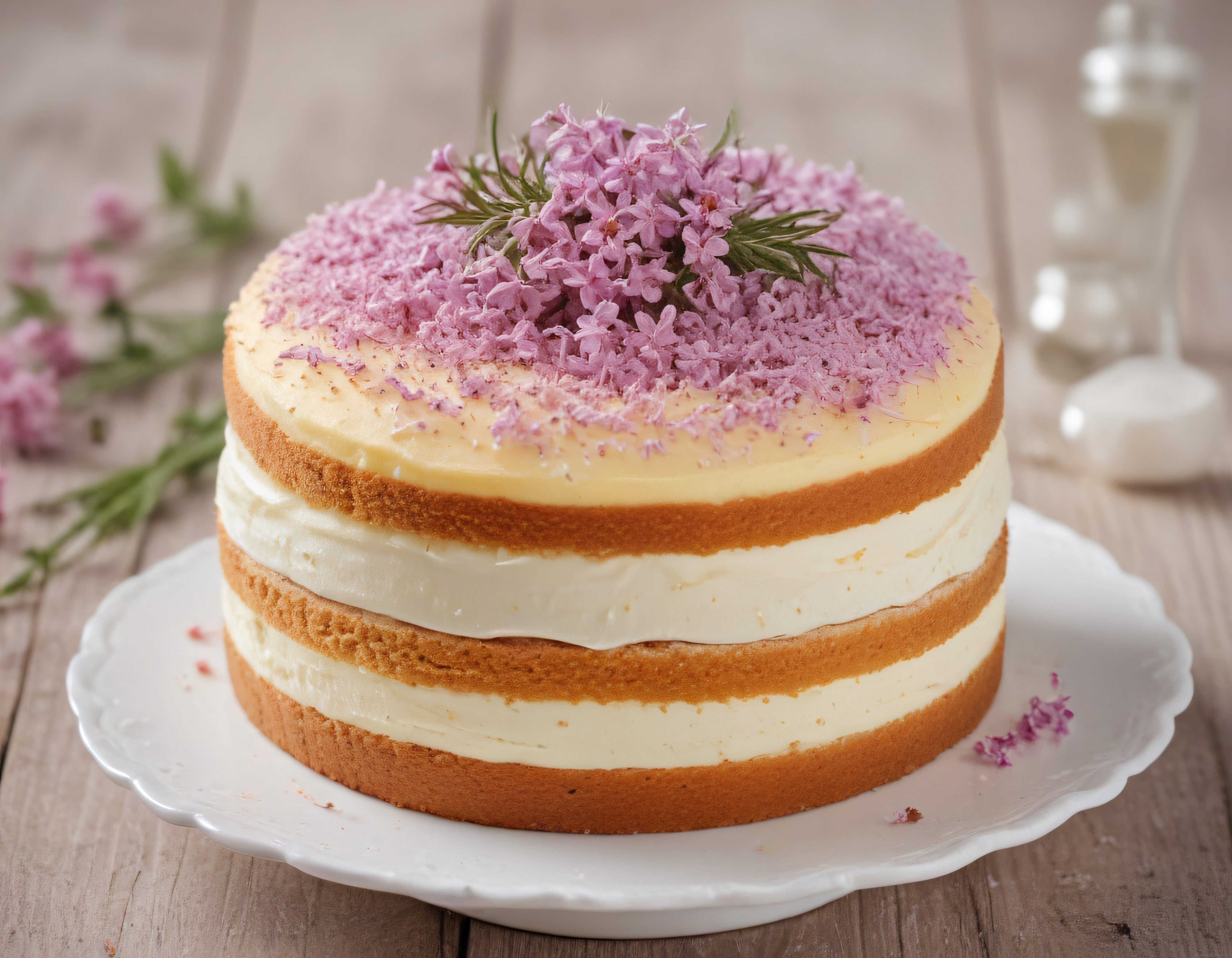 Leylak Çiçekleriyle Süslenmiş Katmanlı Kremalı Pasta Tarifi ve Sunum Önerisi
