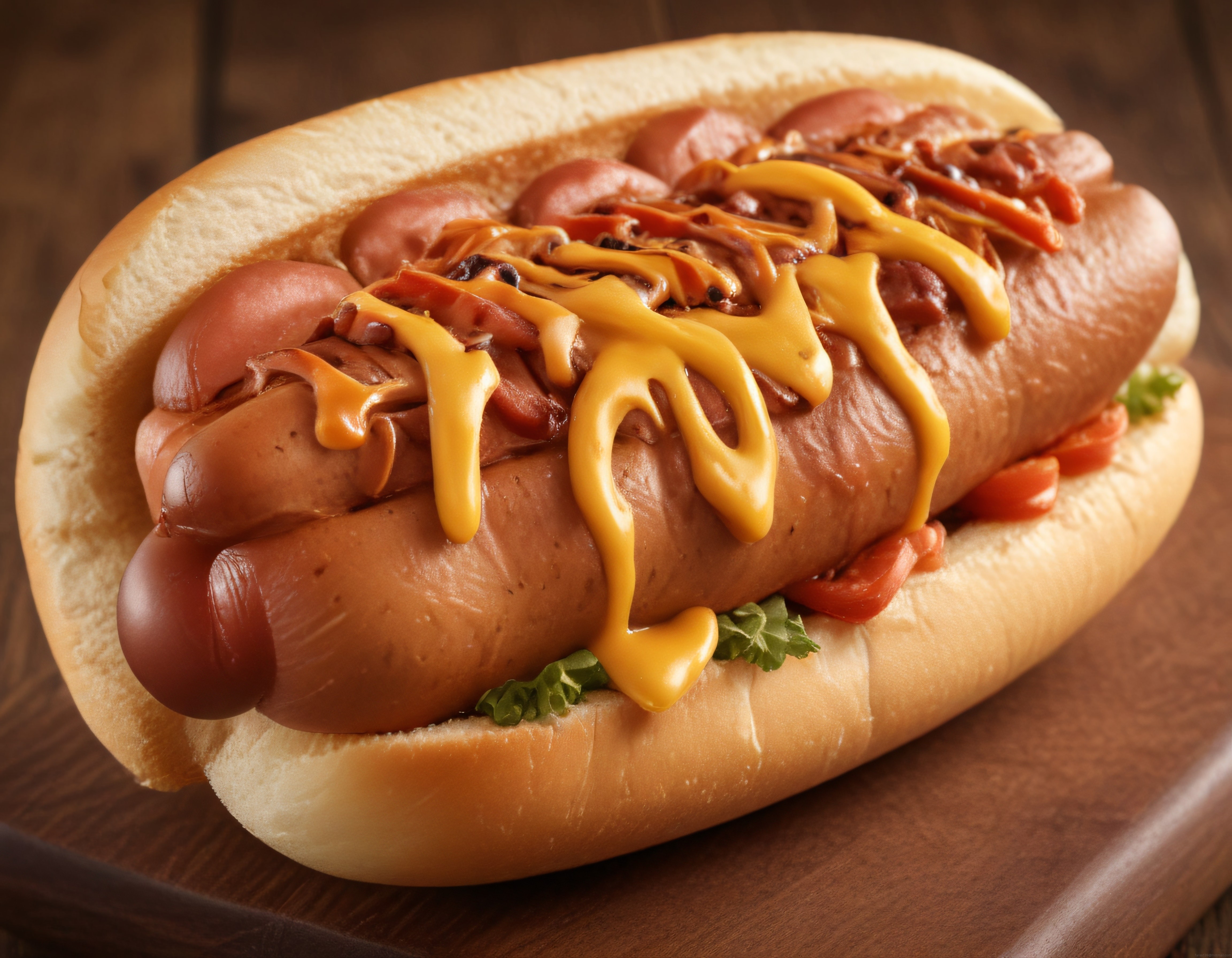 Lezzetli Cheddar Soslu ve Karamelize Soğanlı Sosisli Sandviç Sunumu
