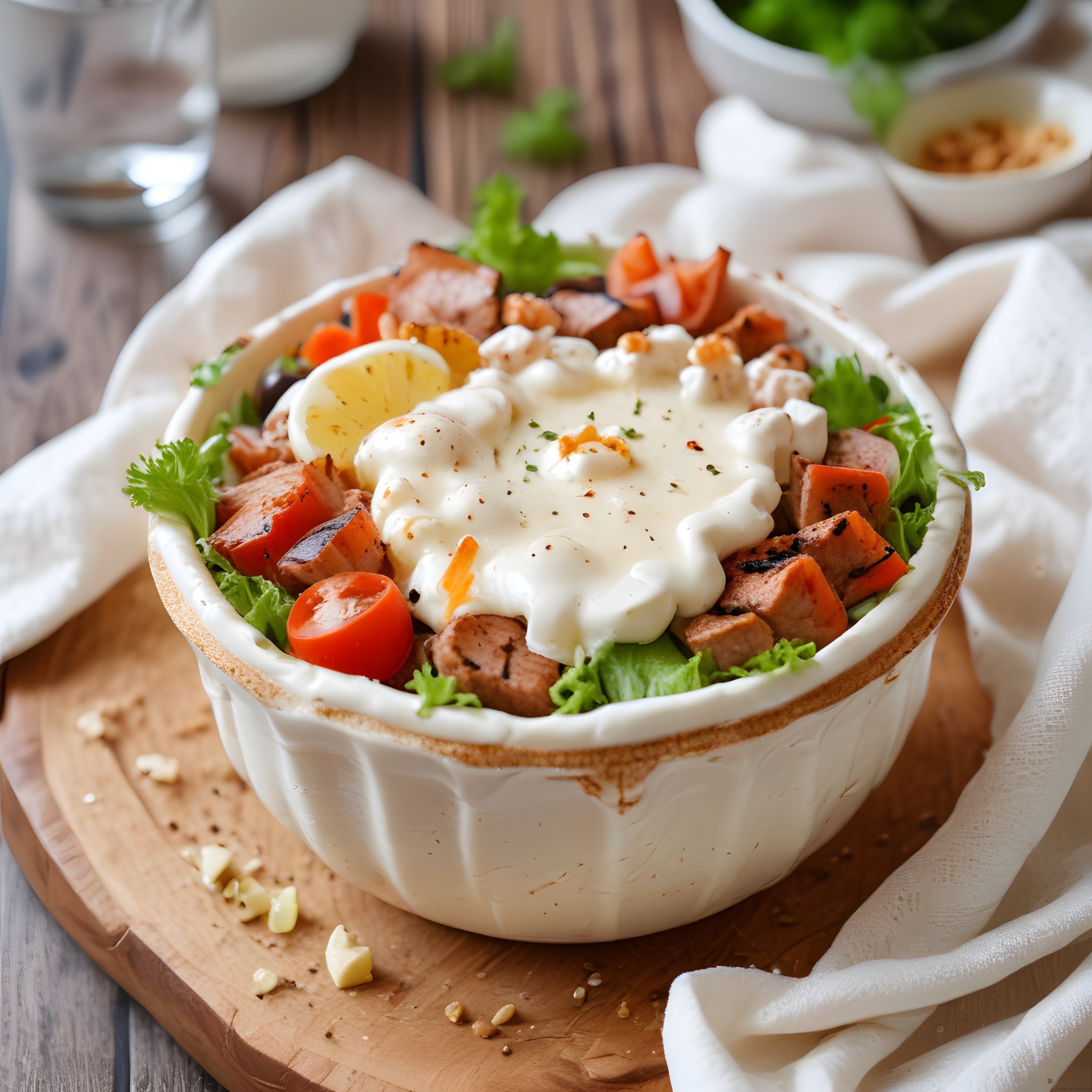 Lezzetli Ekmek Kasesinde Yoğurtlu Izgara Tavuklu Renkli Salata