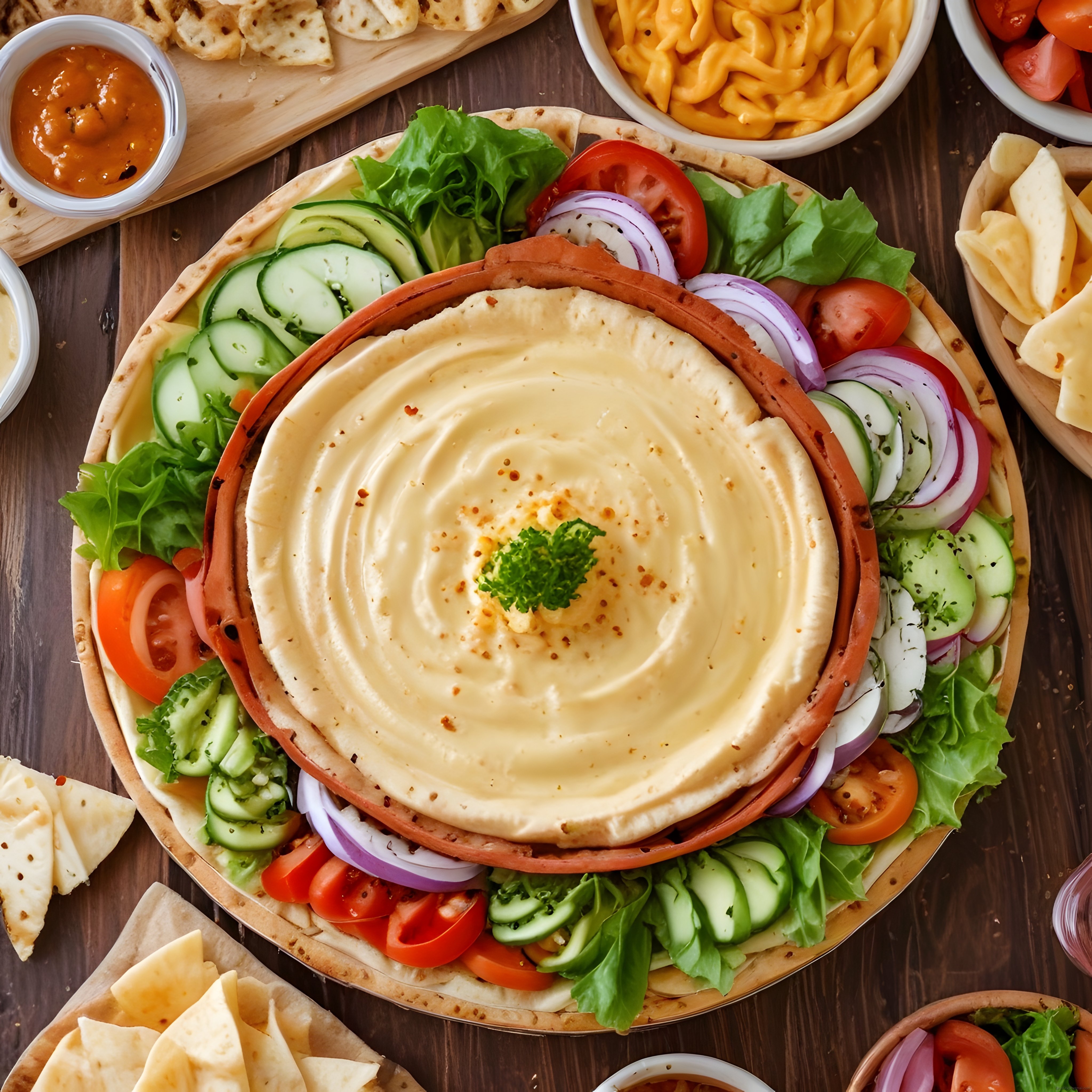 Lezzetli Humus Tabağı ve Taze Sebzelerle Dolu Sağlıklı Meze Sunumu
