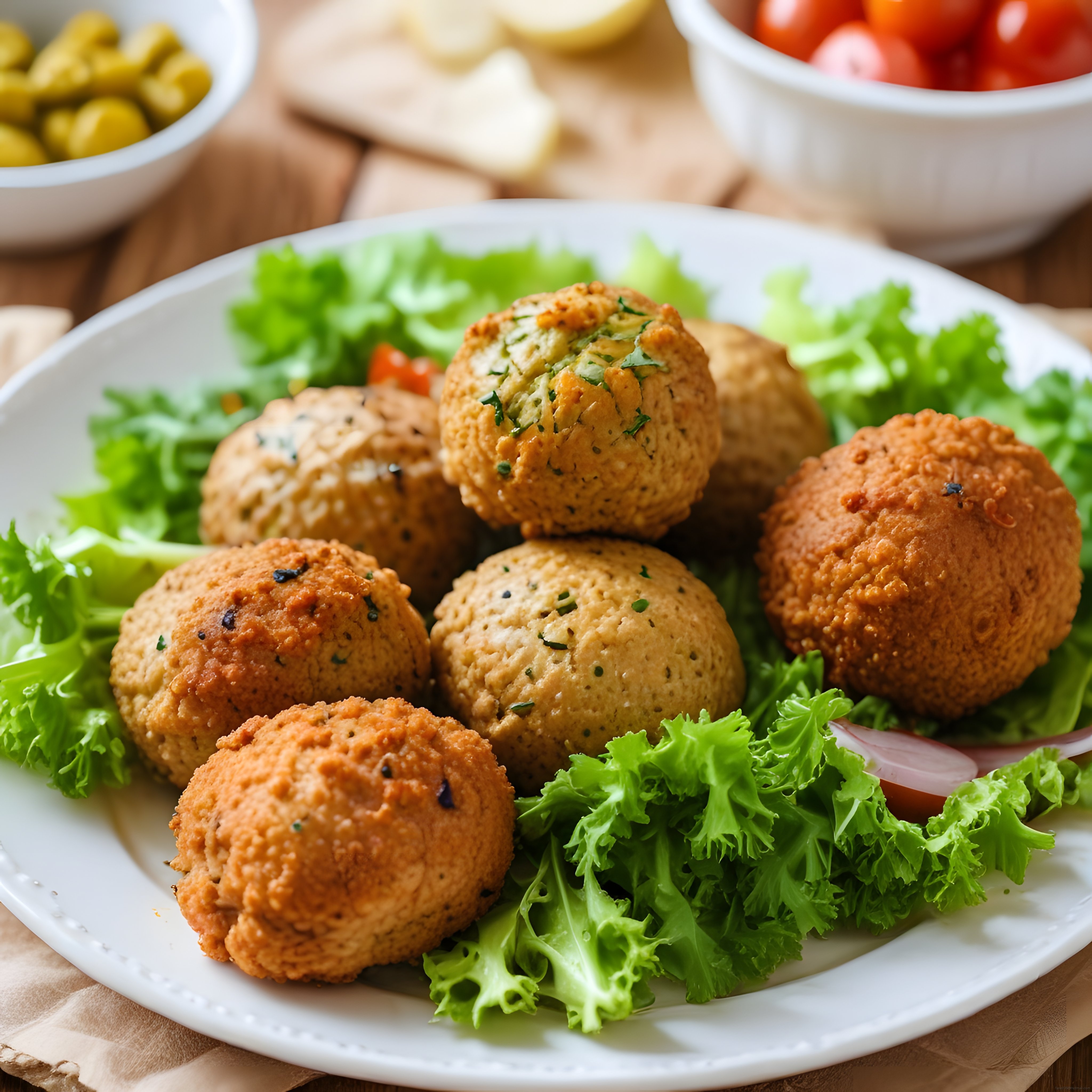 Lezzetli Kızarmış Falafel Topları ve Taze Yeşilliklerle Renkli Tabak