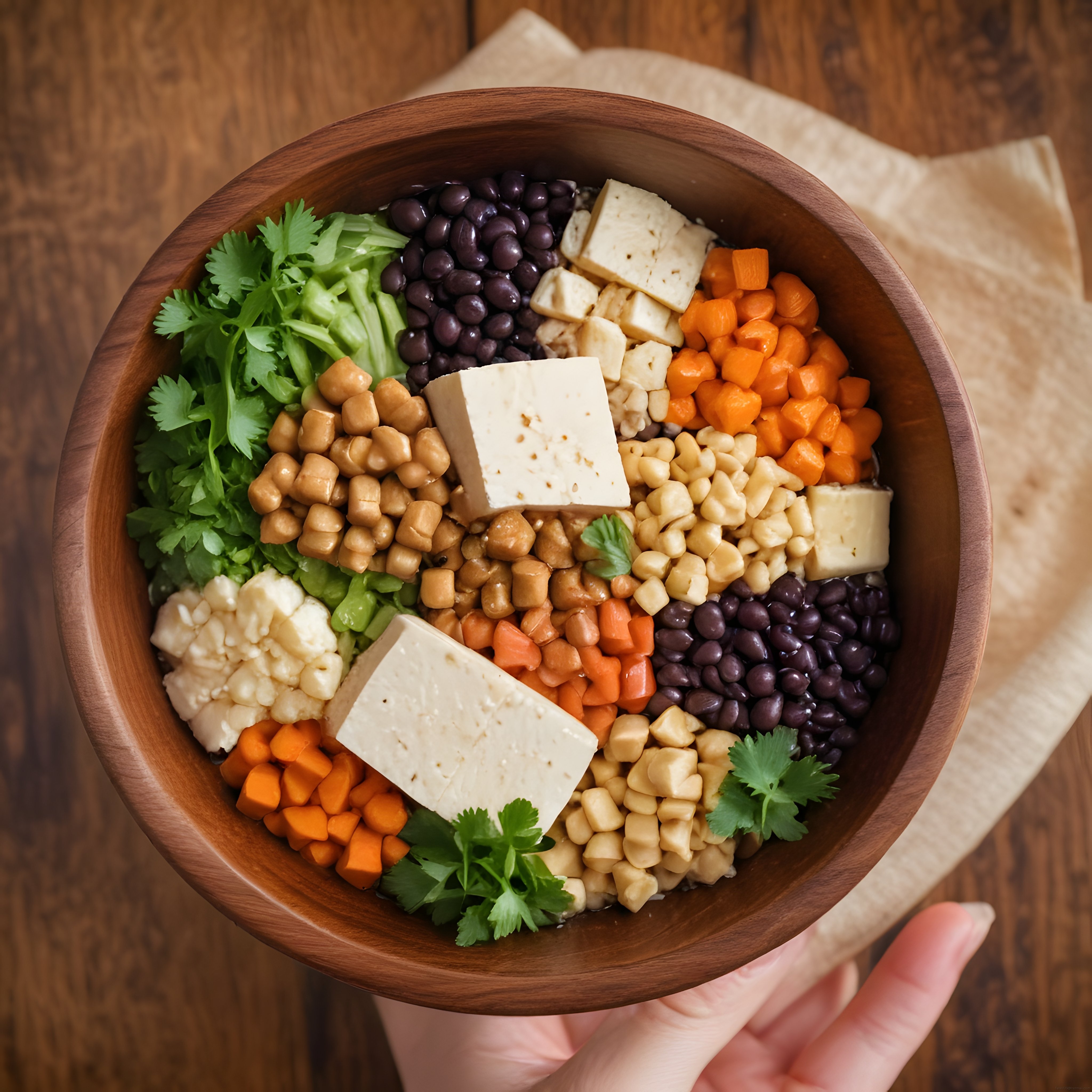 Lezzetli renkli nohutlu fasulyeli peynirli buddha bowl kase sunumu