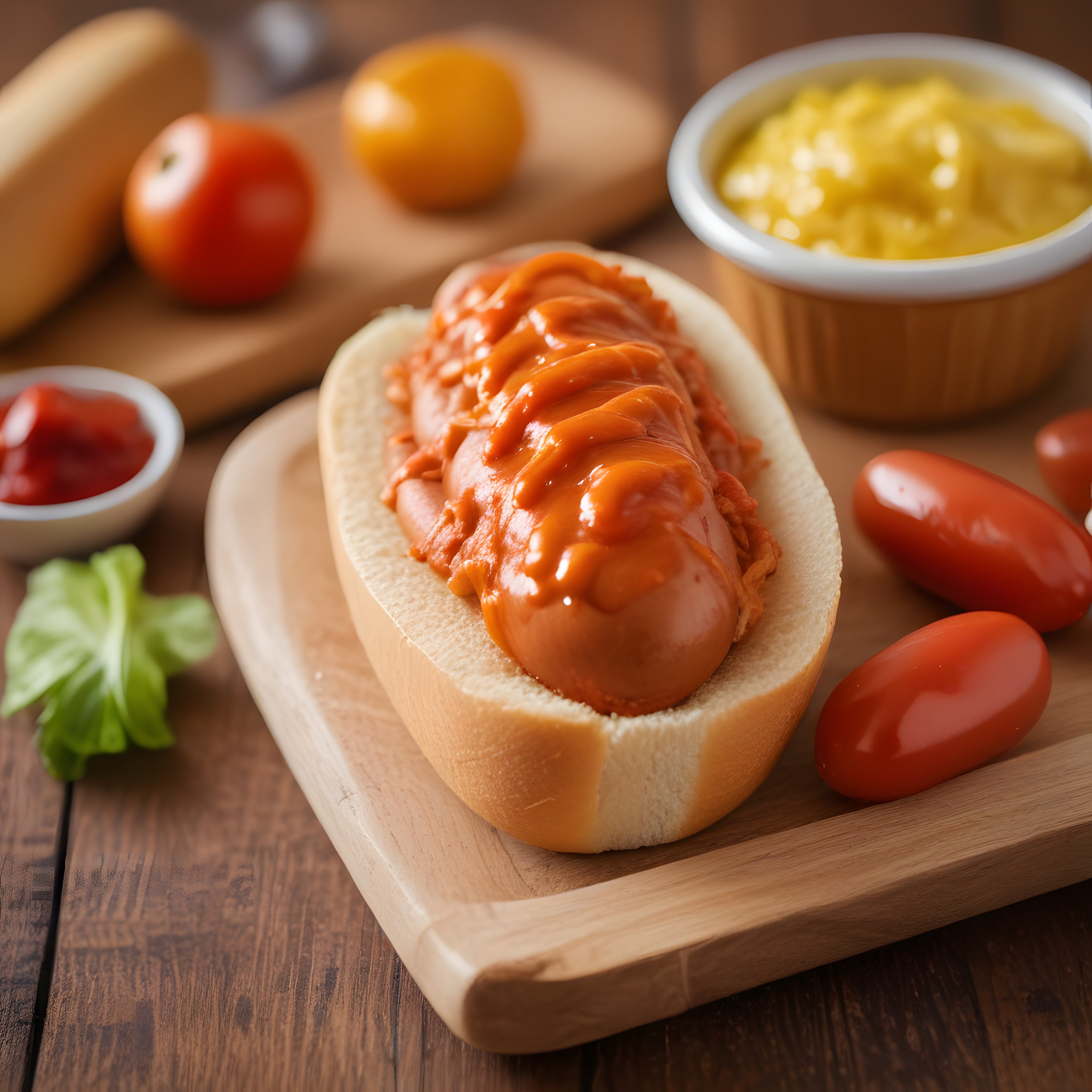 Lezzetli Sosisli Sandviç: Soslu Hot Dog ve Taze Sebzelerle Rustik Sunum