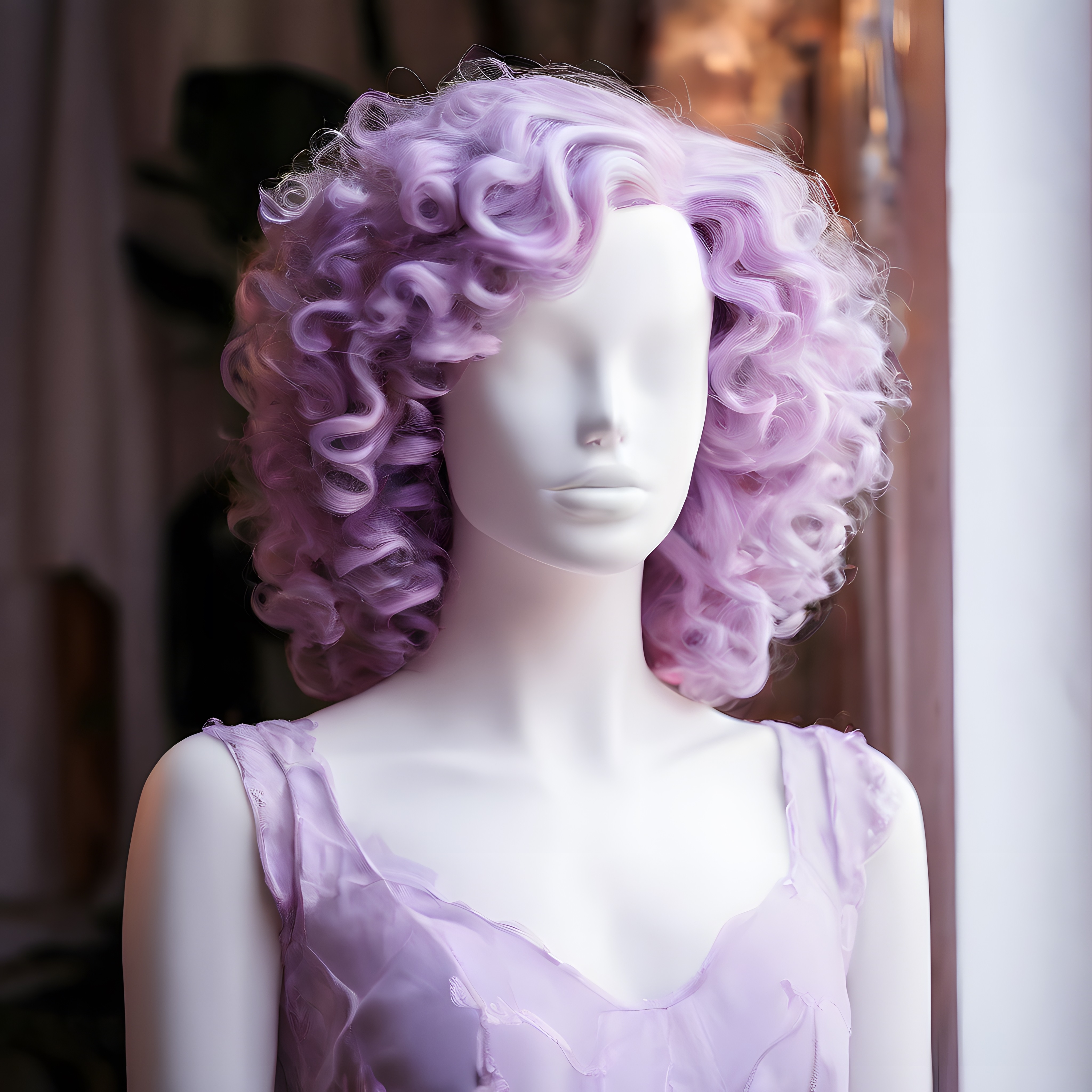 Lila Kıvırcık Peruklu Beyaz Manken: Pastel Saç Rengi ve Retro Stil Önerisi