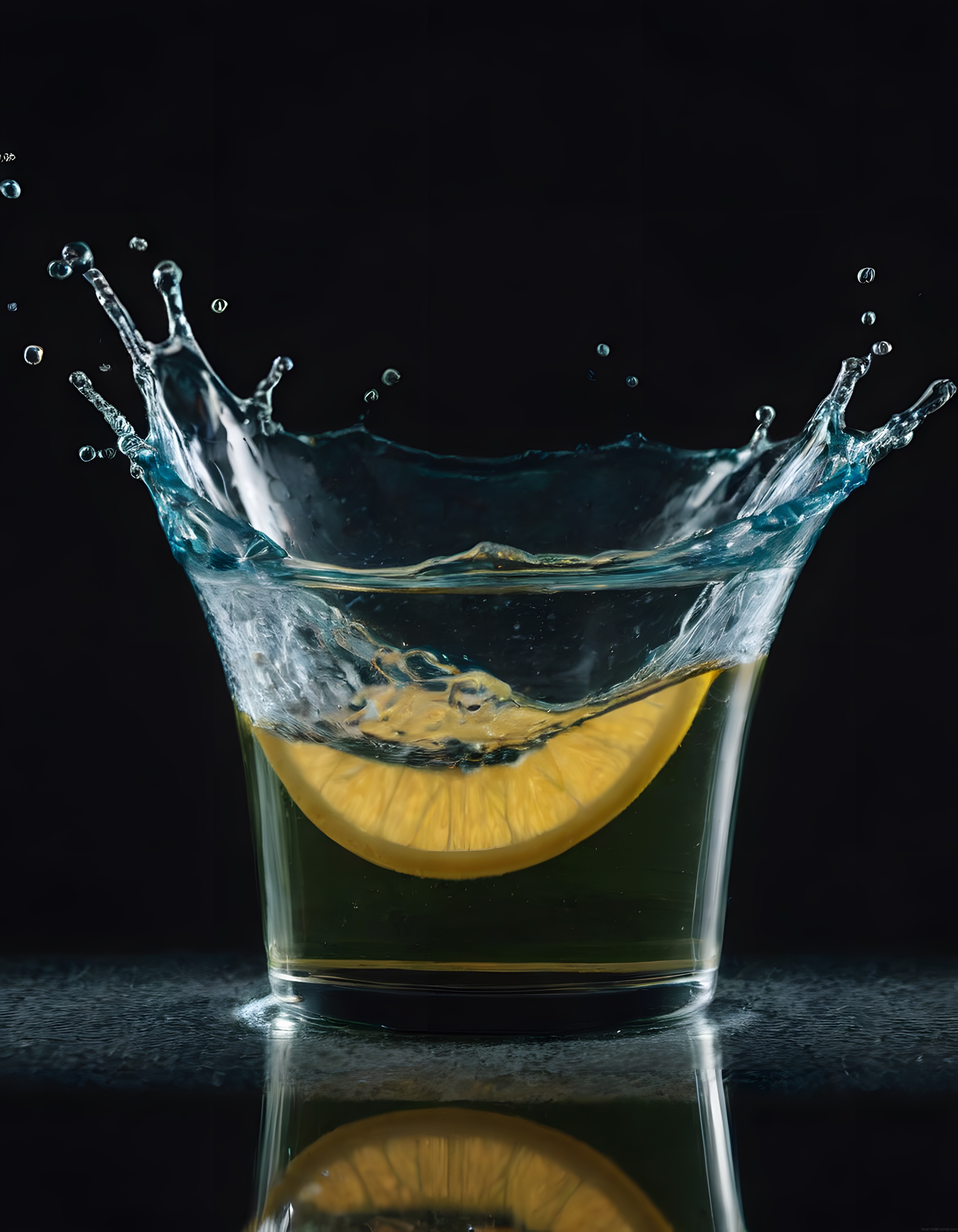 Limon diliminin su bardağına düşmesiyle oluşan etkileyici sıçratma anı Limon diliminin su bardağına düşmesiyle oluşan etkileyici sıçratma anı