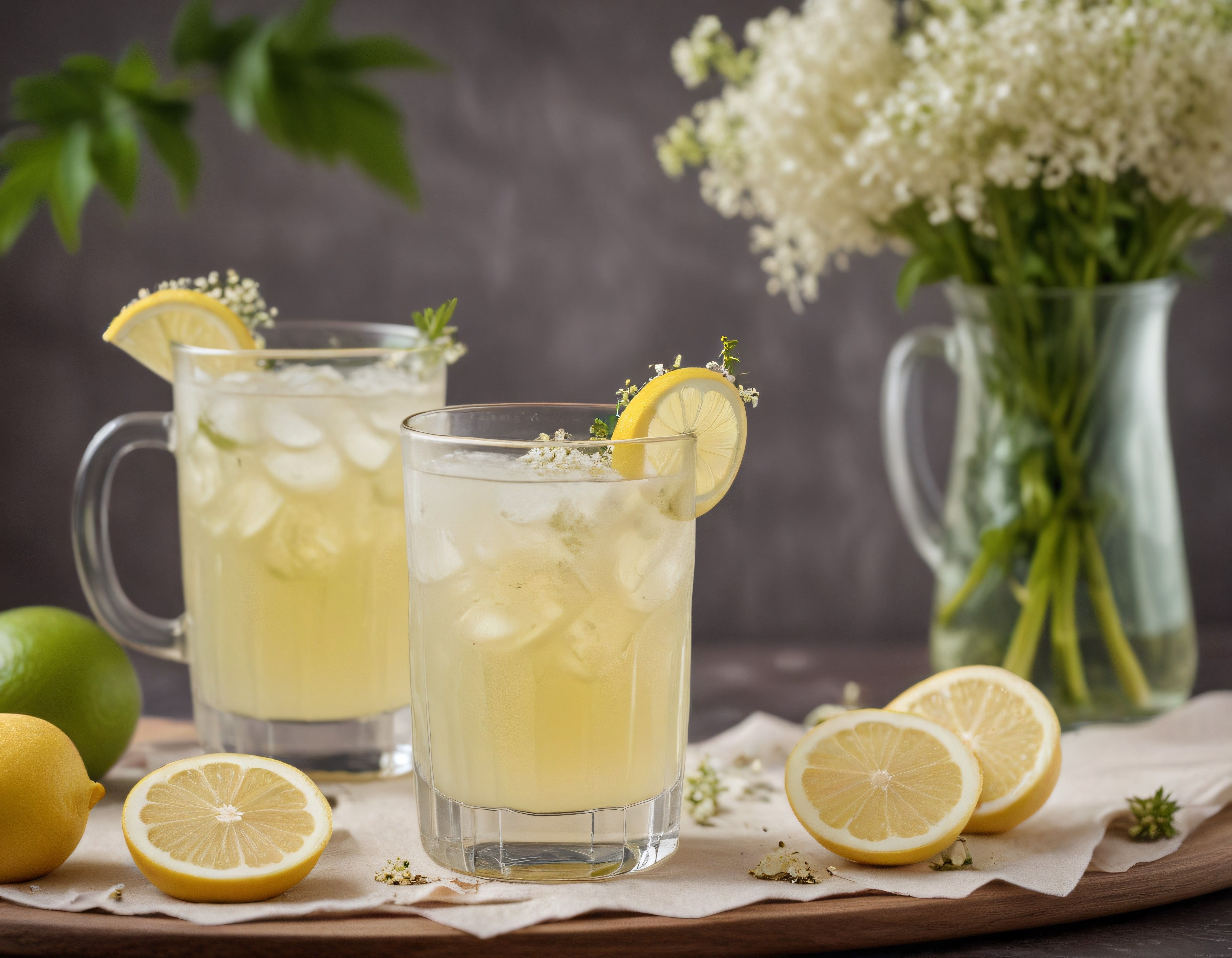 Limon Dilimleri ve Beyaz Çiçeklerle Süslenmiş Buz Gibi Serinletici İçecek