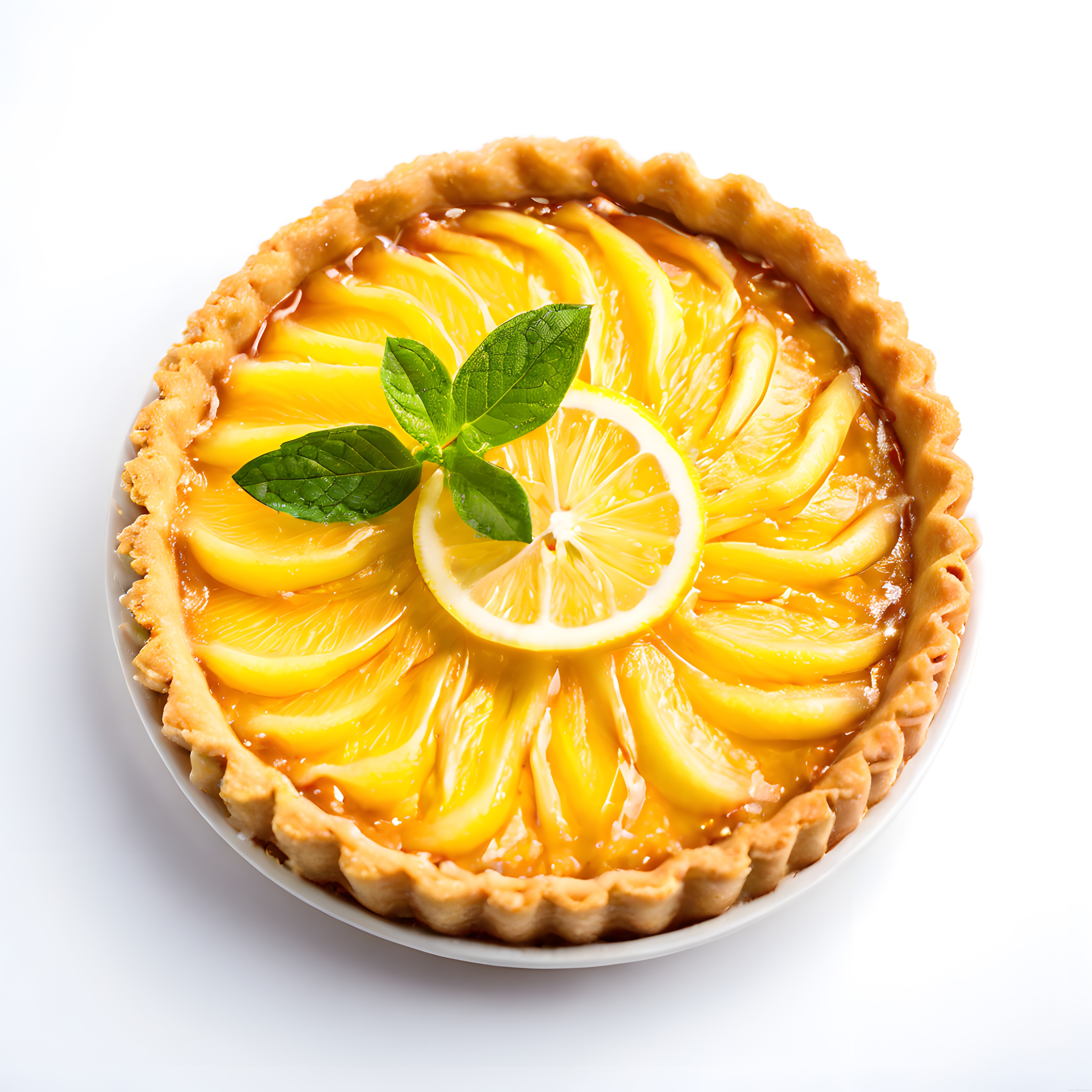 Limon dilimleriyle süslenmiş parlak jöle kaplamalı mis gibi limonlu tart turta