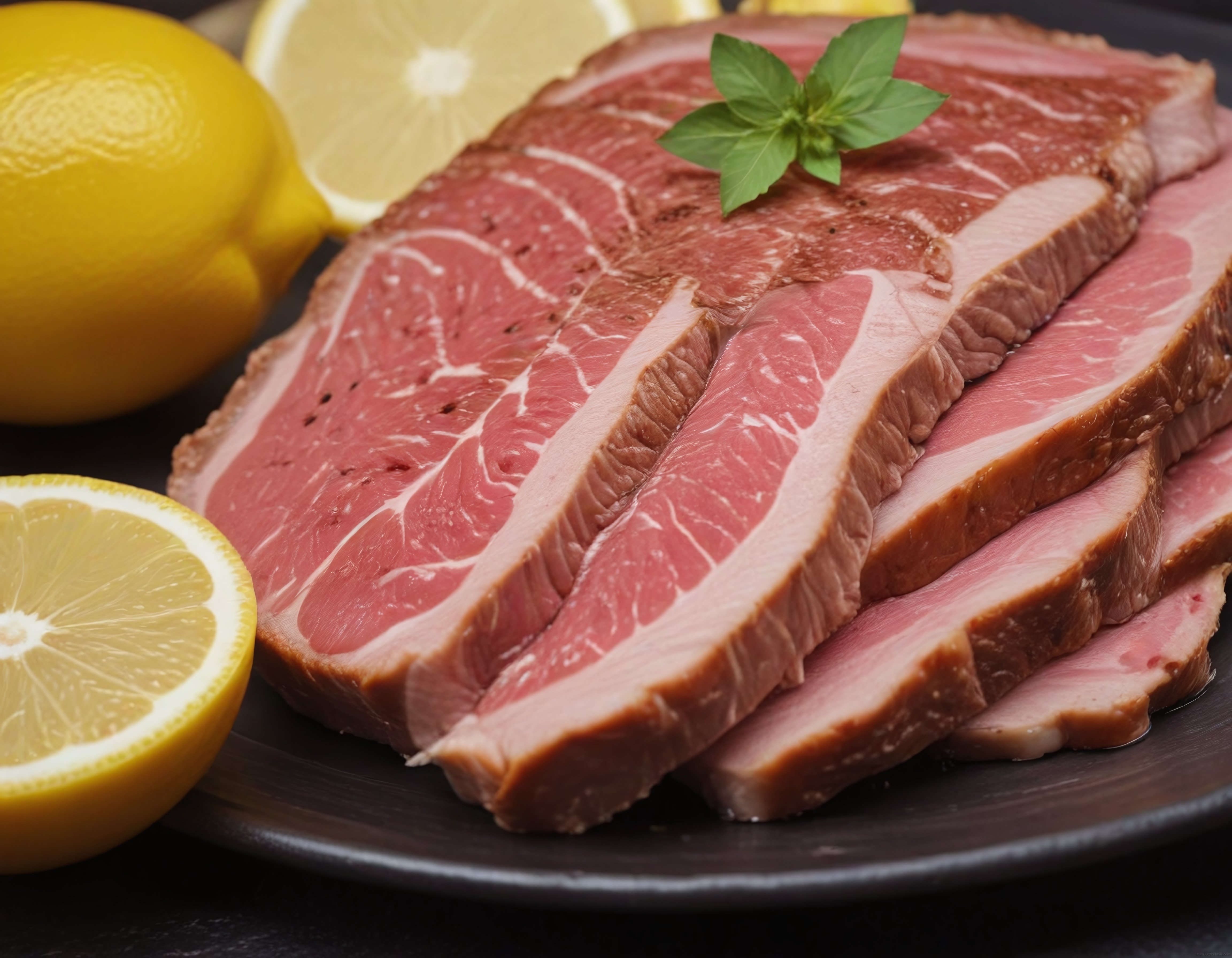 Limon Eşliğinde Füme Et Dilimleri ve Taze Fesleğen Süslemesi
