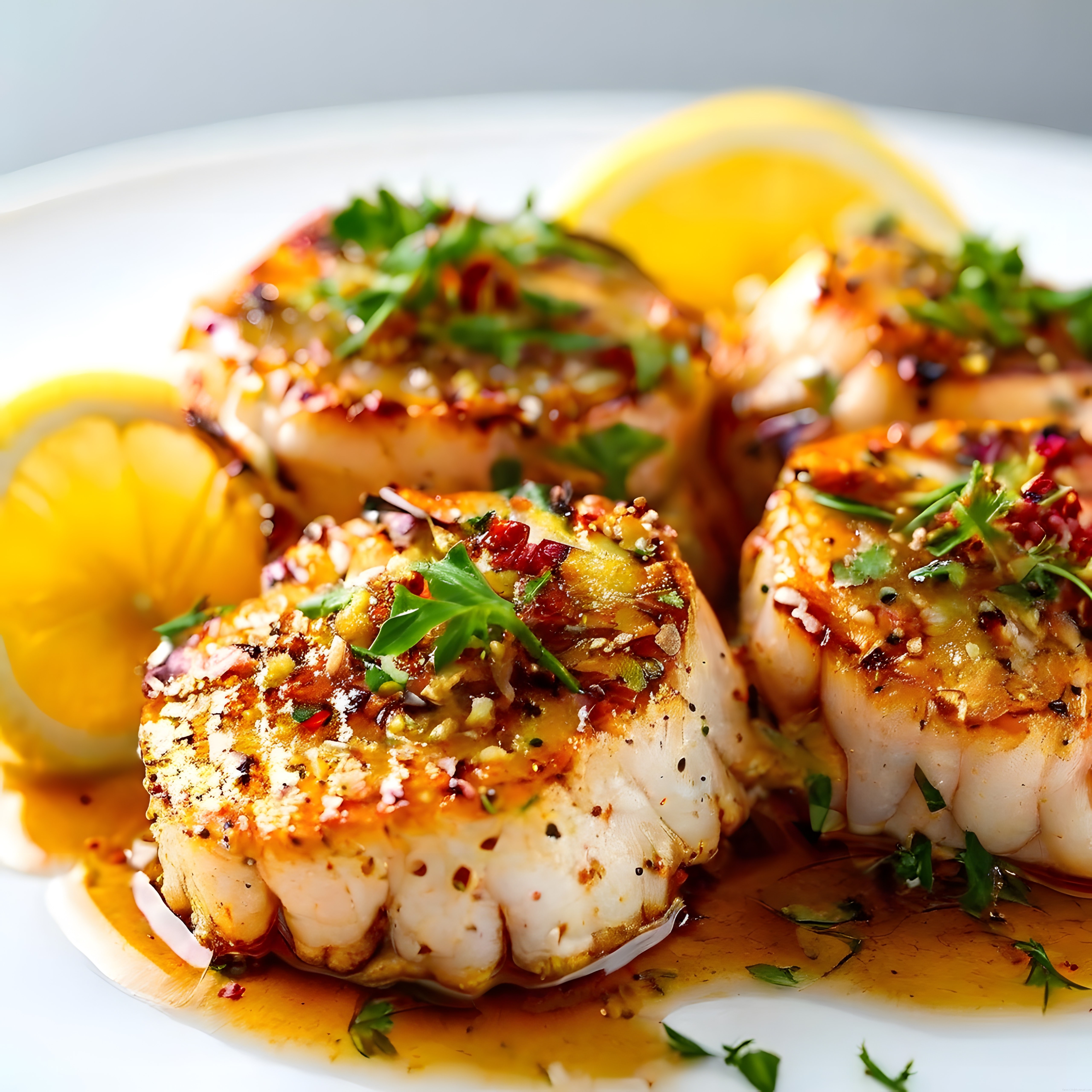 limon eşliğinde tereyağlı soslu otlarla süslenmiş karamelize deniz tarağı