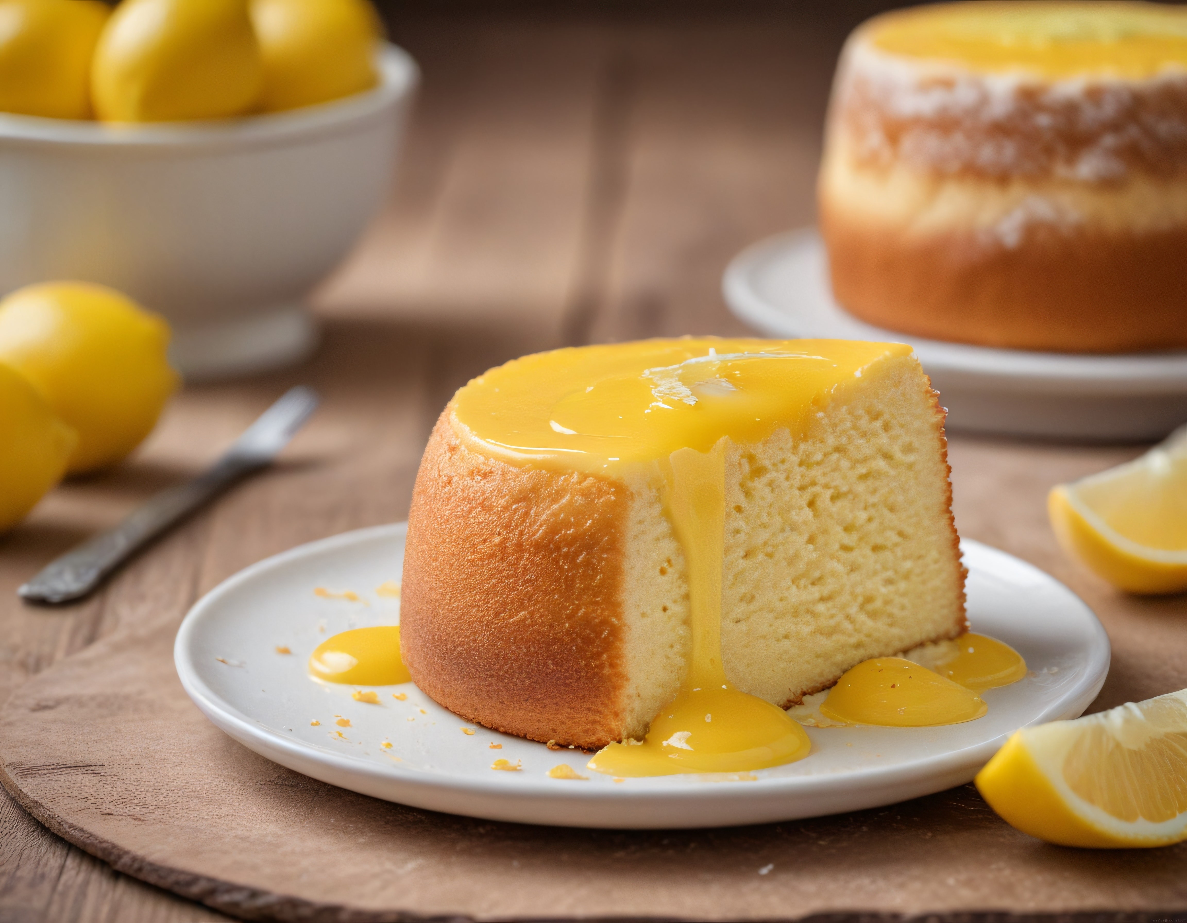 Limon Soslu Yumuşacık Kek Dilimi ve Taze Limonlarla Rustik Sunum